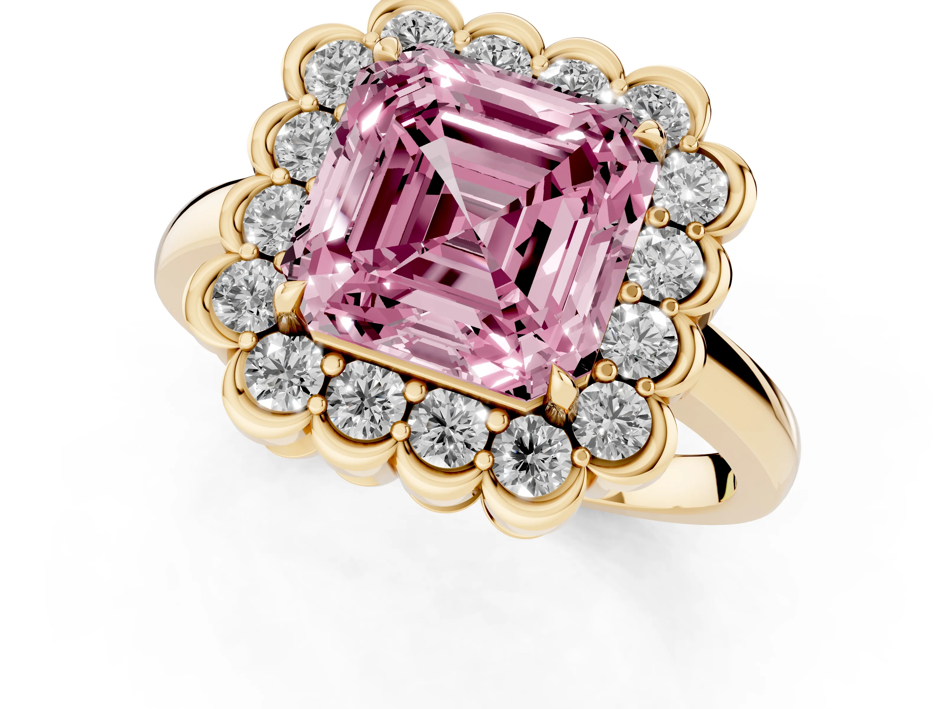 Fancy Pink Asscher Cut Diamond Halo Cluster Engagement Ring Set in Yellow gold with Solitaire Band and Prong Setting