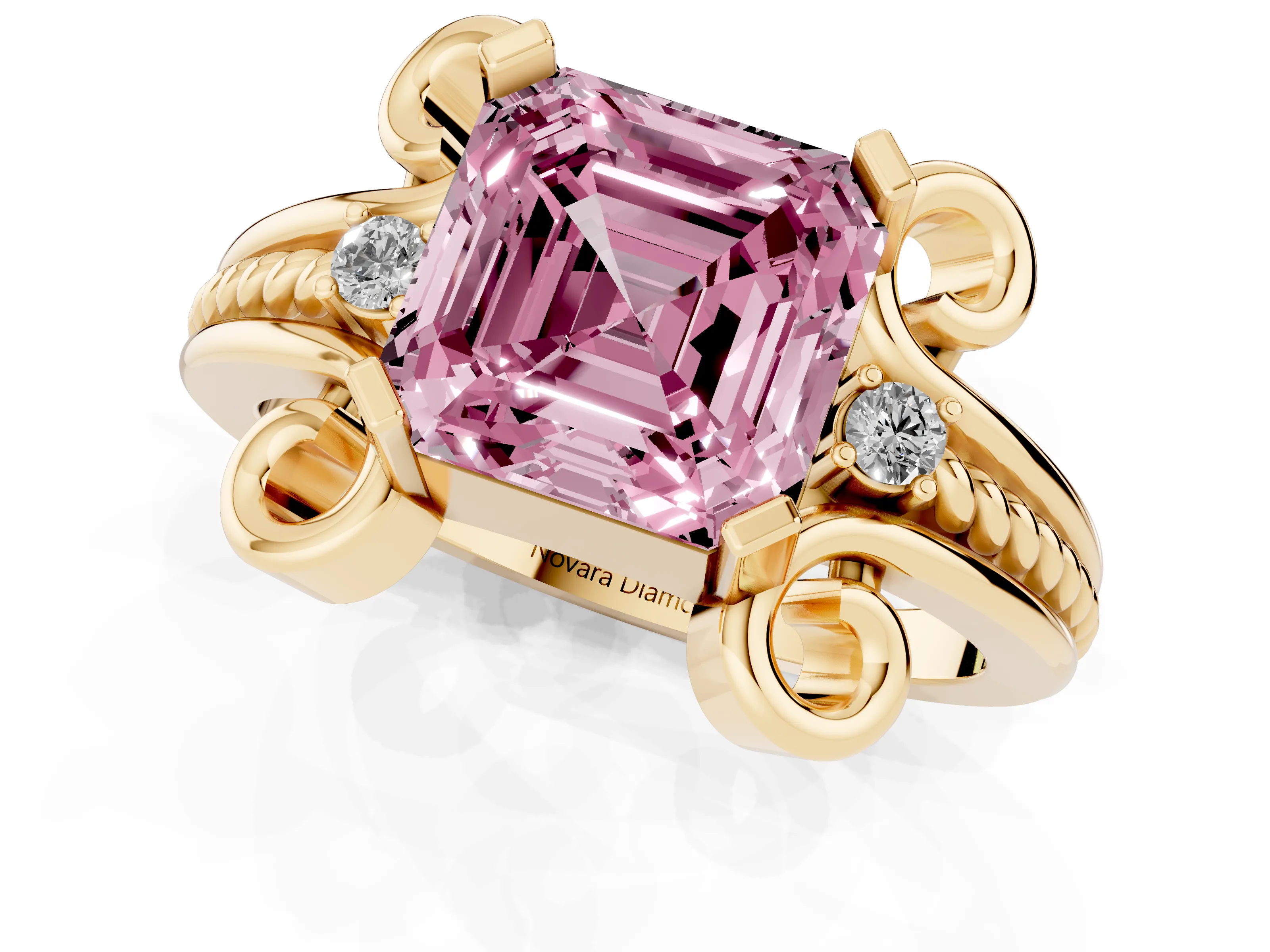 Fancy Pink Asscher Cut Diamond Twisted Band Solitaire Ring Set in Yellow gold with Scroll Prongs