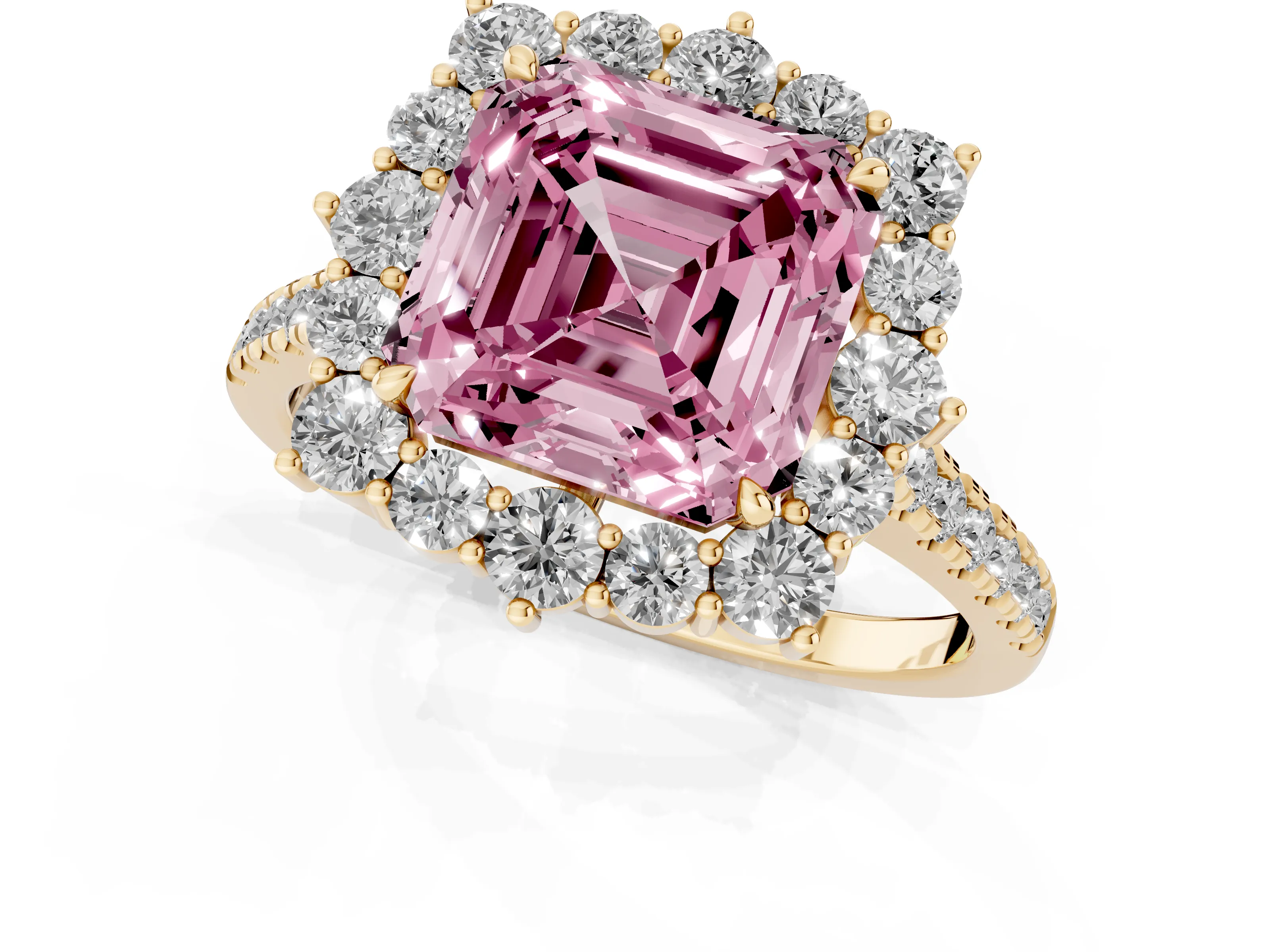 Fancy Pink Asscher Cut Diamond Halo Ring Set in Yellow gold with Pavé Band and Prong Setting