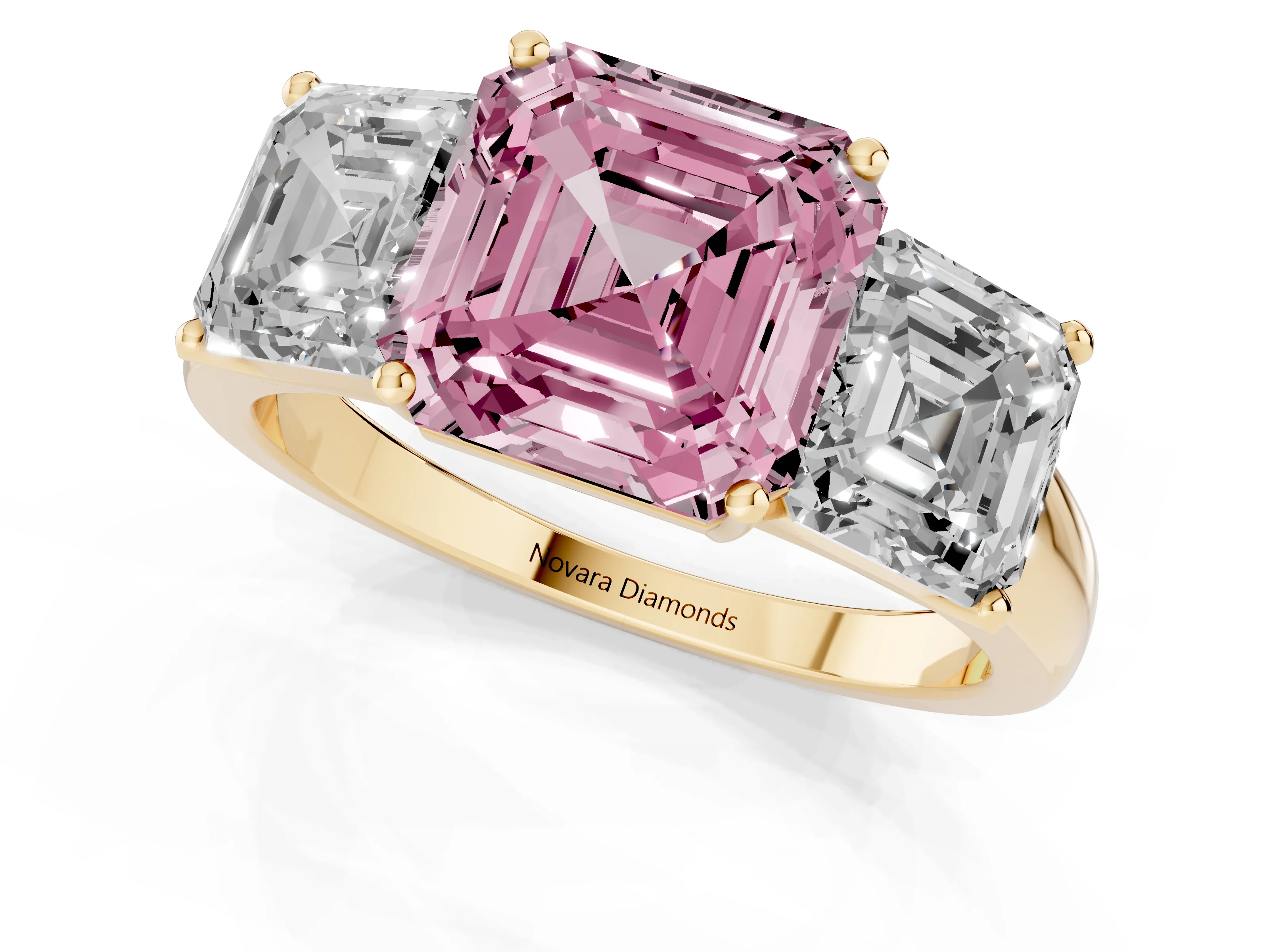 Fancy Pink Asscher Cut Diamond Three-Stone Ring Set in Yellow gold with Classic Prong Setting and Plain Band