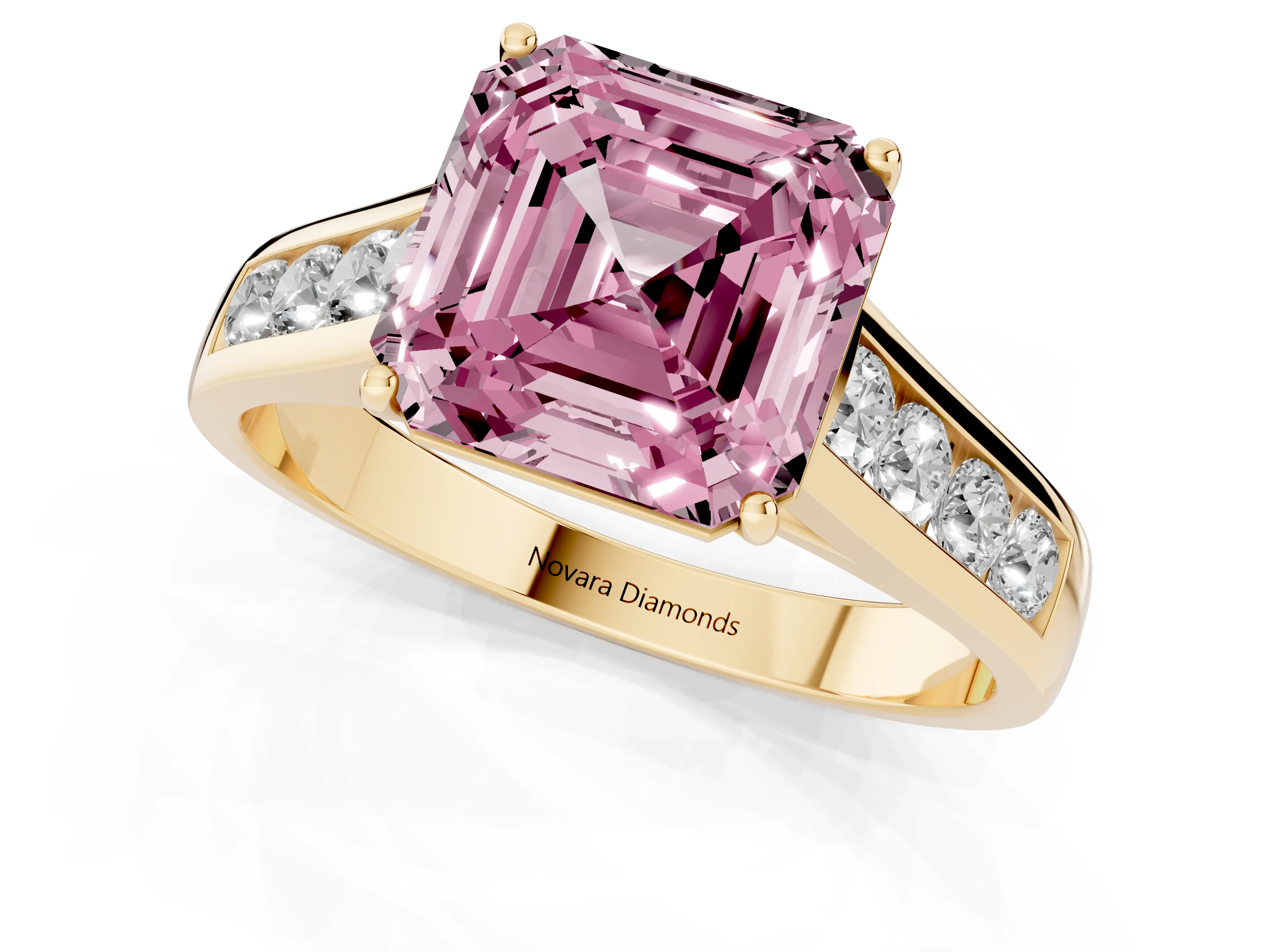 Fancy Pink Asscher Cut Diamond Brilliant Channel-Set Solitaire Ring Set in Yellow gold with Prong Setting