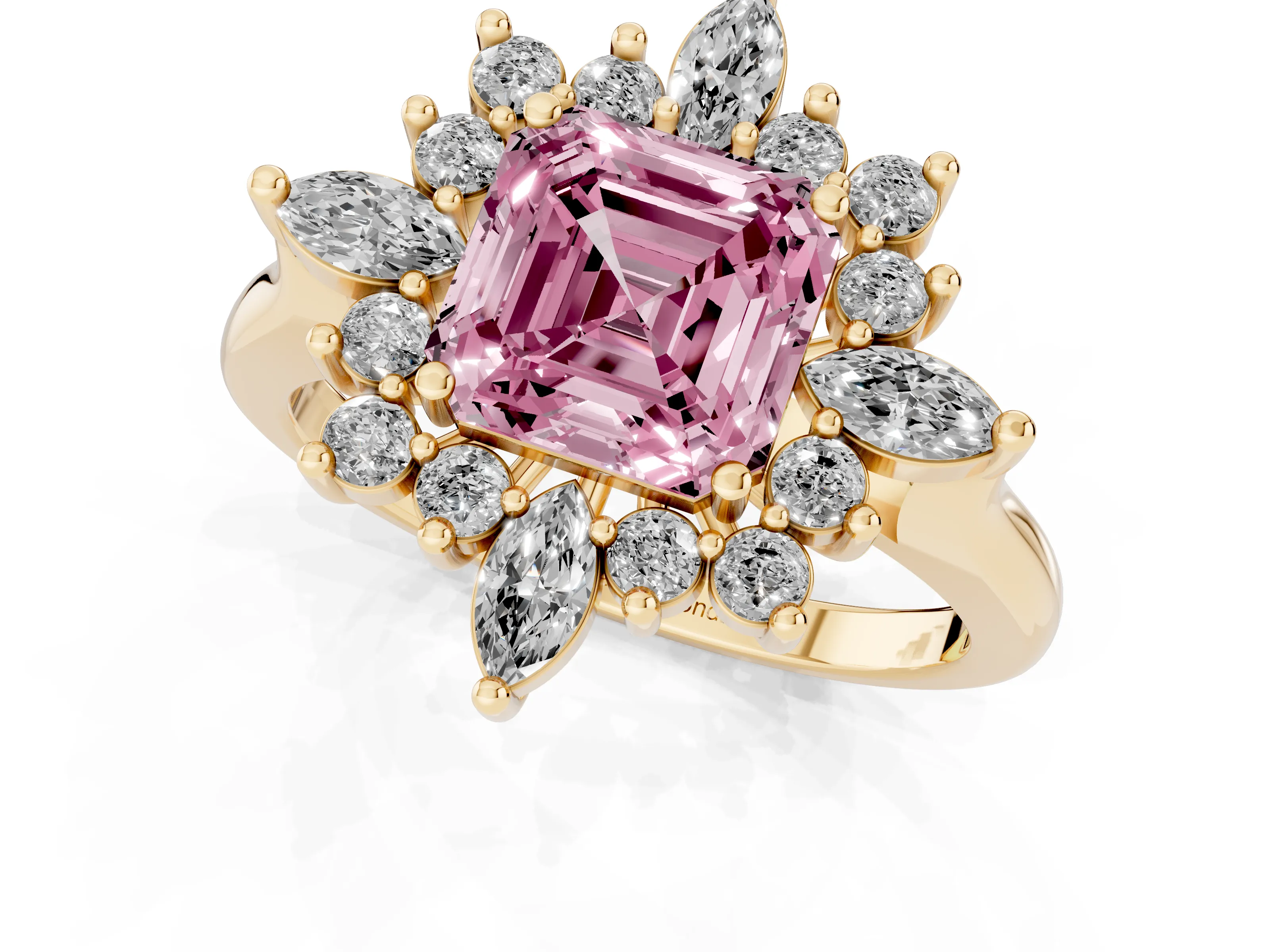 Fancy Pink Asscher Cut Diamond Cluster Halo Ring Set in Yellow gold with Marquise and Round Accents
