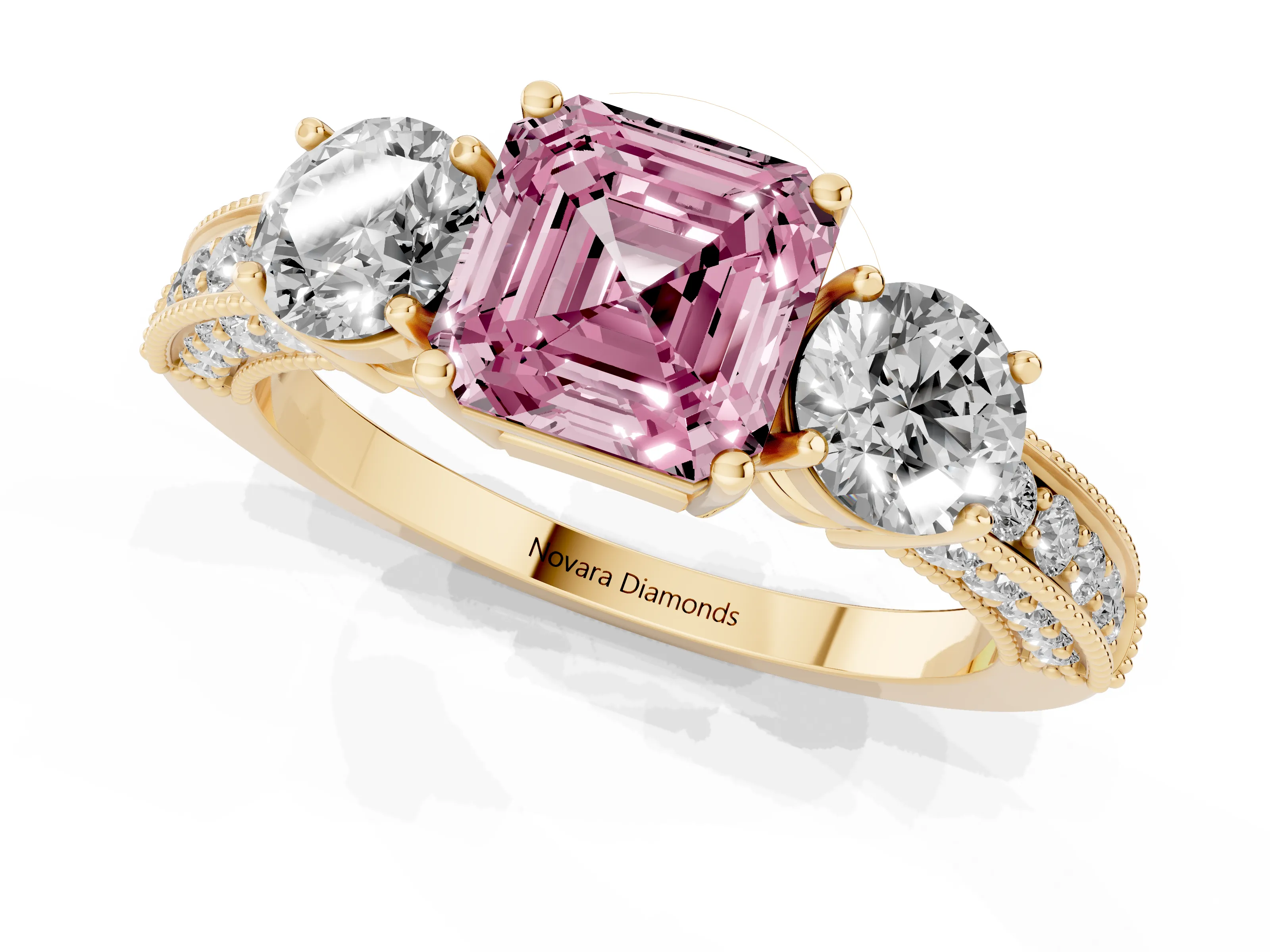 Fancy Pink Asscher Cut Diamond Three-Stone Ring Set in Yellow gold with Round Side Stones and Pavé Band