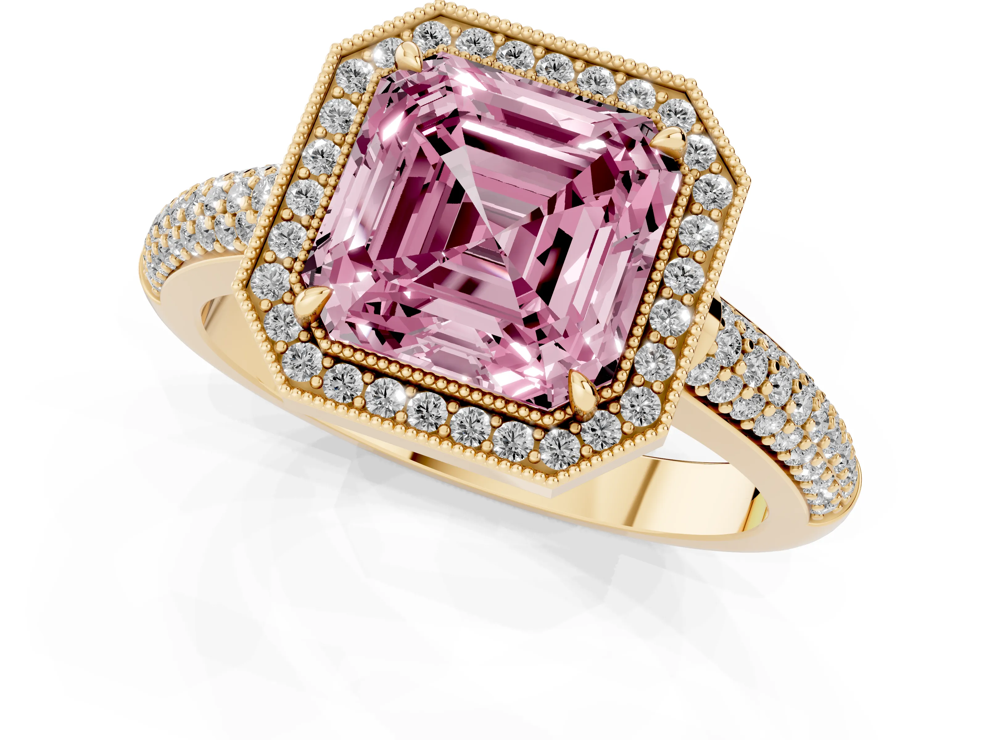 Fancy Pink Asscher Cut Diamond Halo Pavé Band Set in Yellow gold with Prong Setting