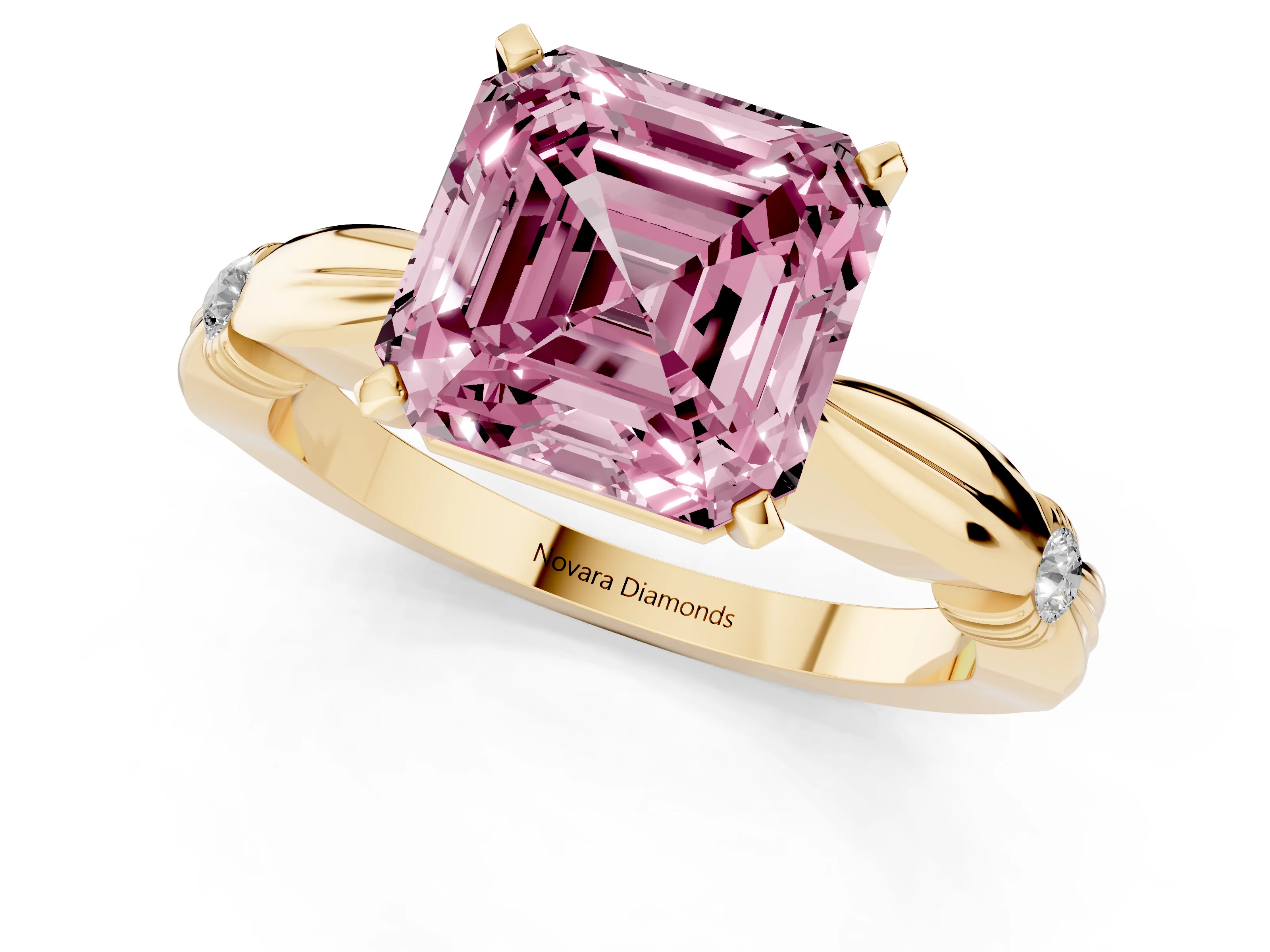 Fancy Pink Asscher Cut Diamond Solitaire Twisted Band Ring Set in Yellow gold with Accent Stones and Prong Setting