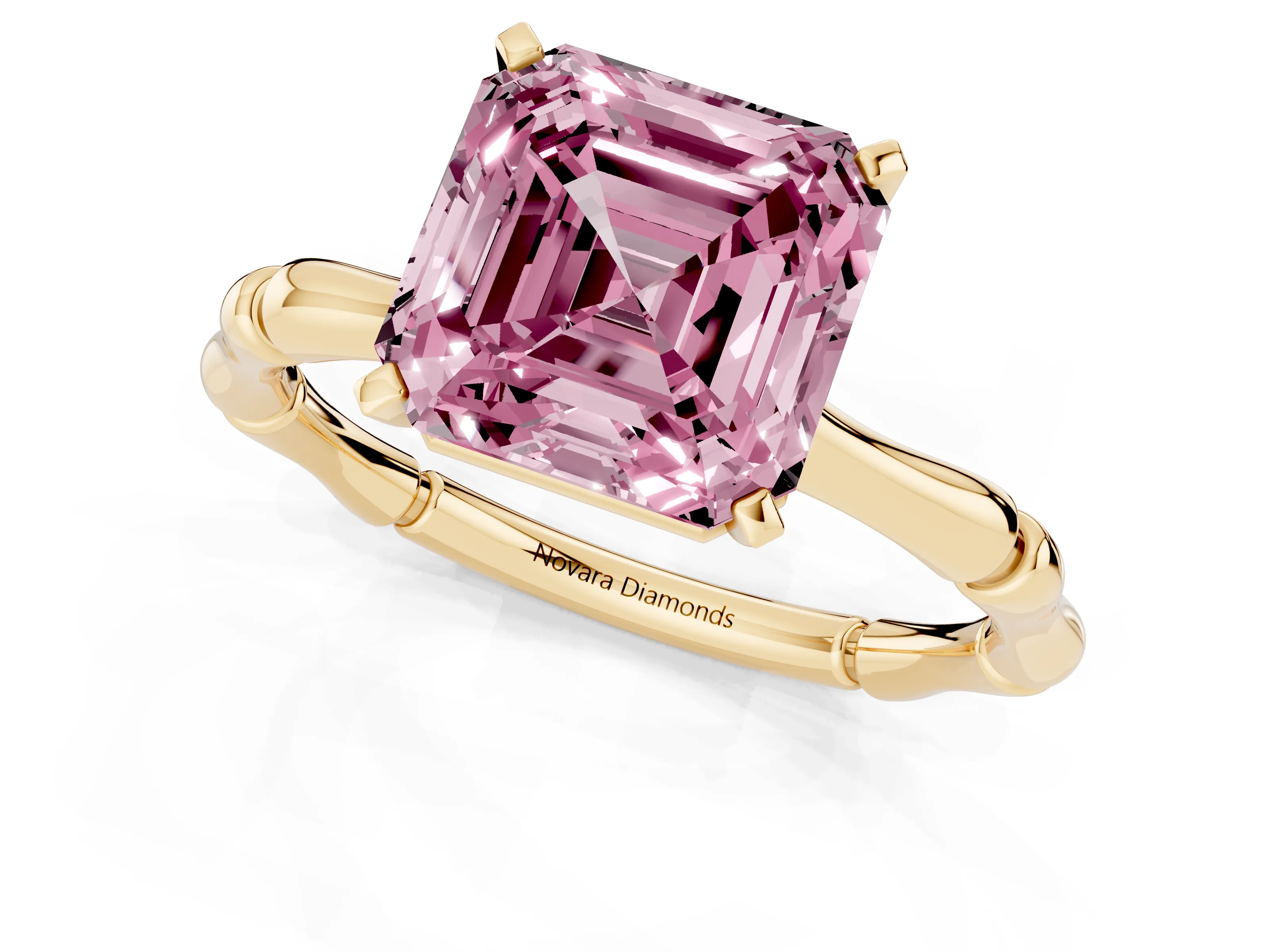 Fancy Pink Asscher Cut Diamond Solitaire Ring Set in Yellow gold with Bamboo Band and Prong Setting