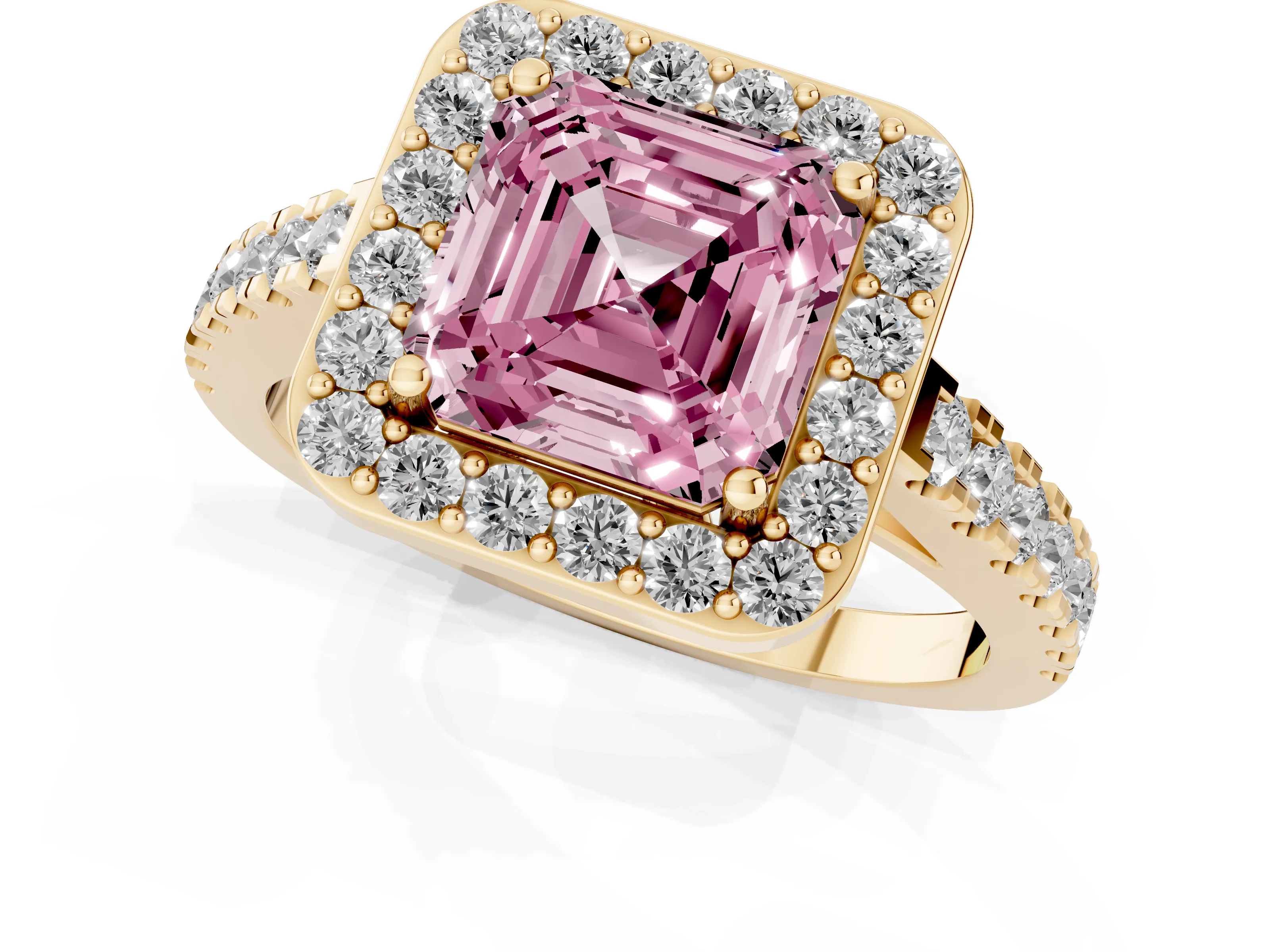 Fancy Pink Asscher Cut Diamond Halo Ring Set in Yellow gold with Round Pavé Split Shank and Prong Setting