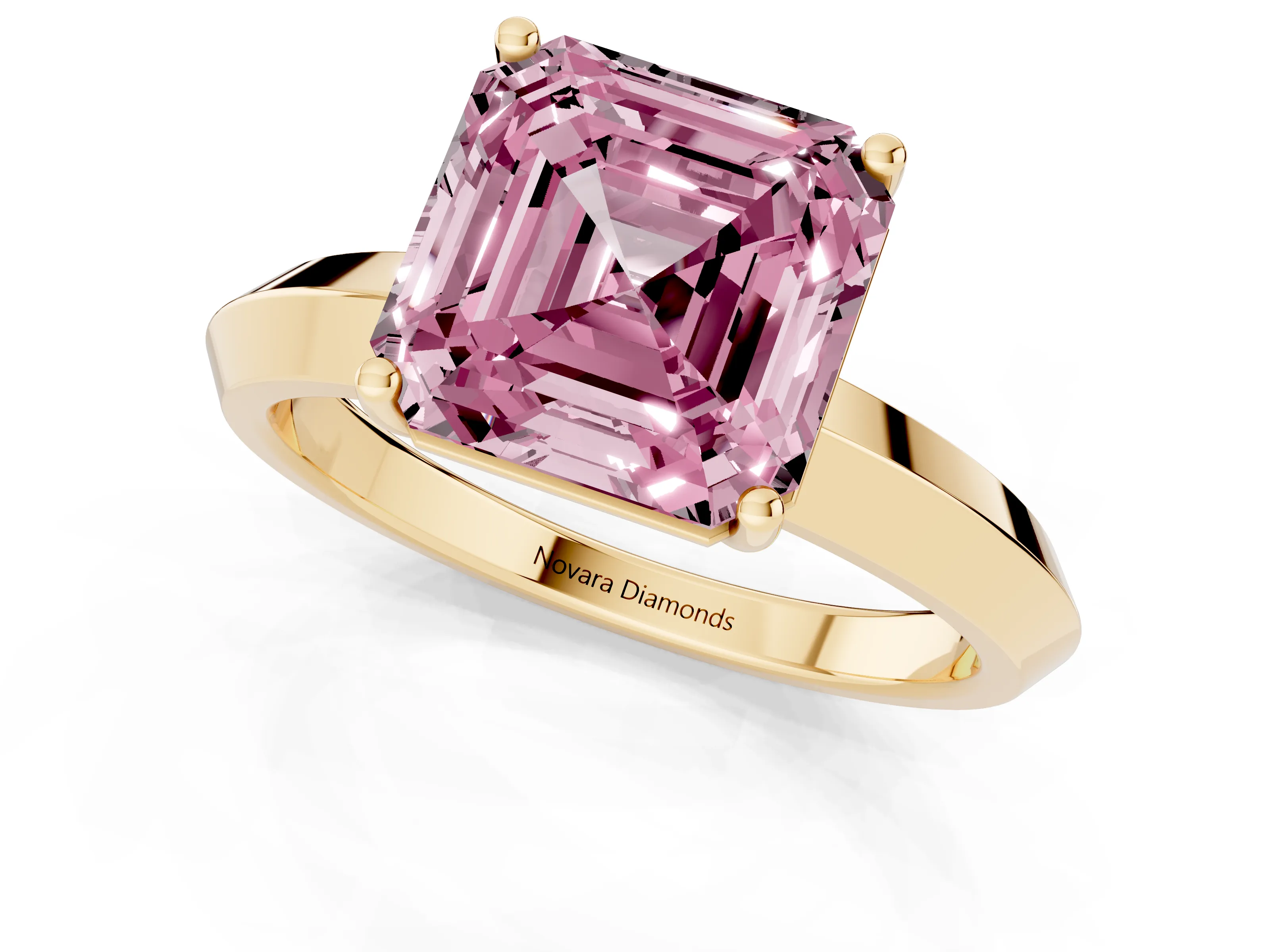 Fancy Pink Asscher Cut Diamond Solitaire Engagement Ring Set in Yellow gold with Flat Band and Prong Setting