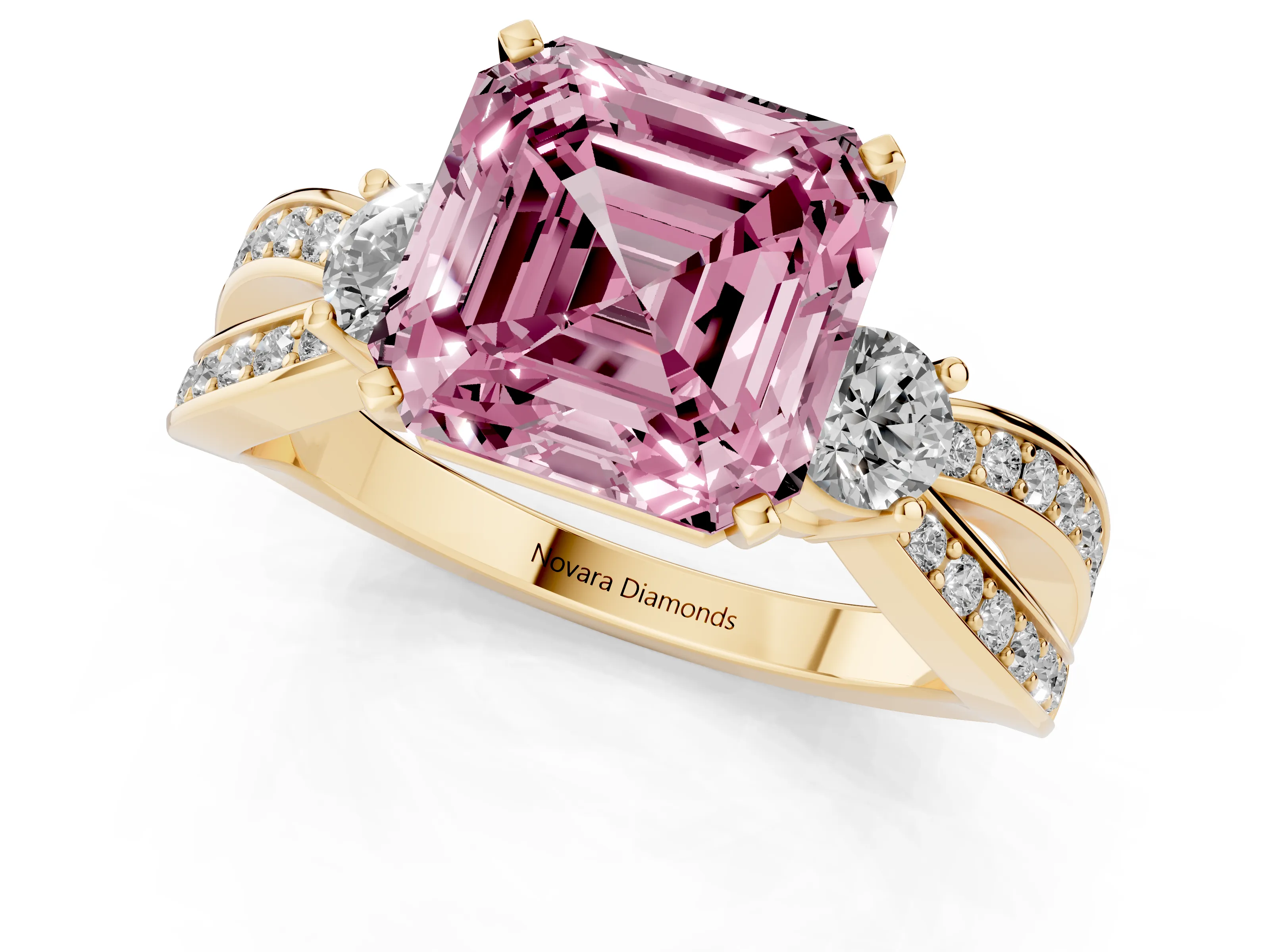 Fancy Pink Three-Stone Asscher Cut Diamond Twist Band Ring Set in Yellow gold with Pavé Accents and Prong Setting