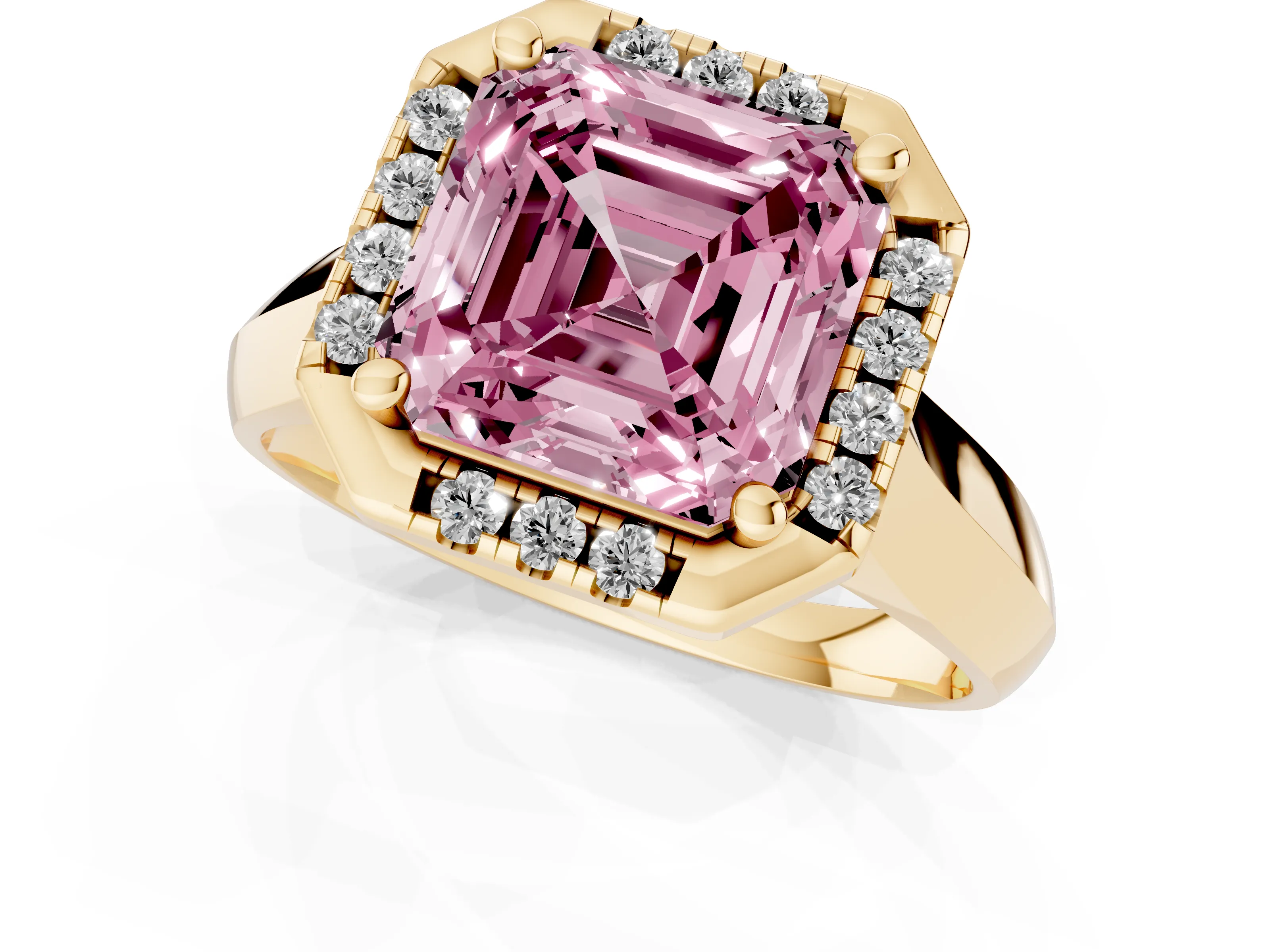 Fancy Pink Asscher Cut Diamond Halo Solitaire Engagement Ring Set in Yellow gold with Square Band and Prong Setting