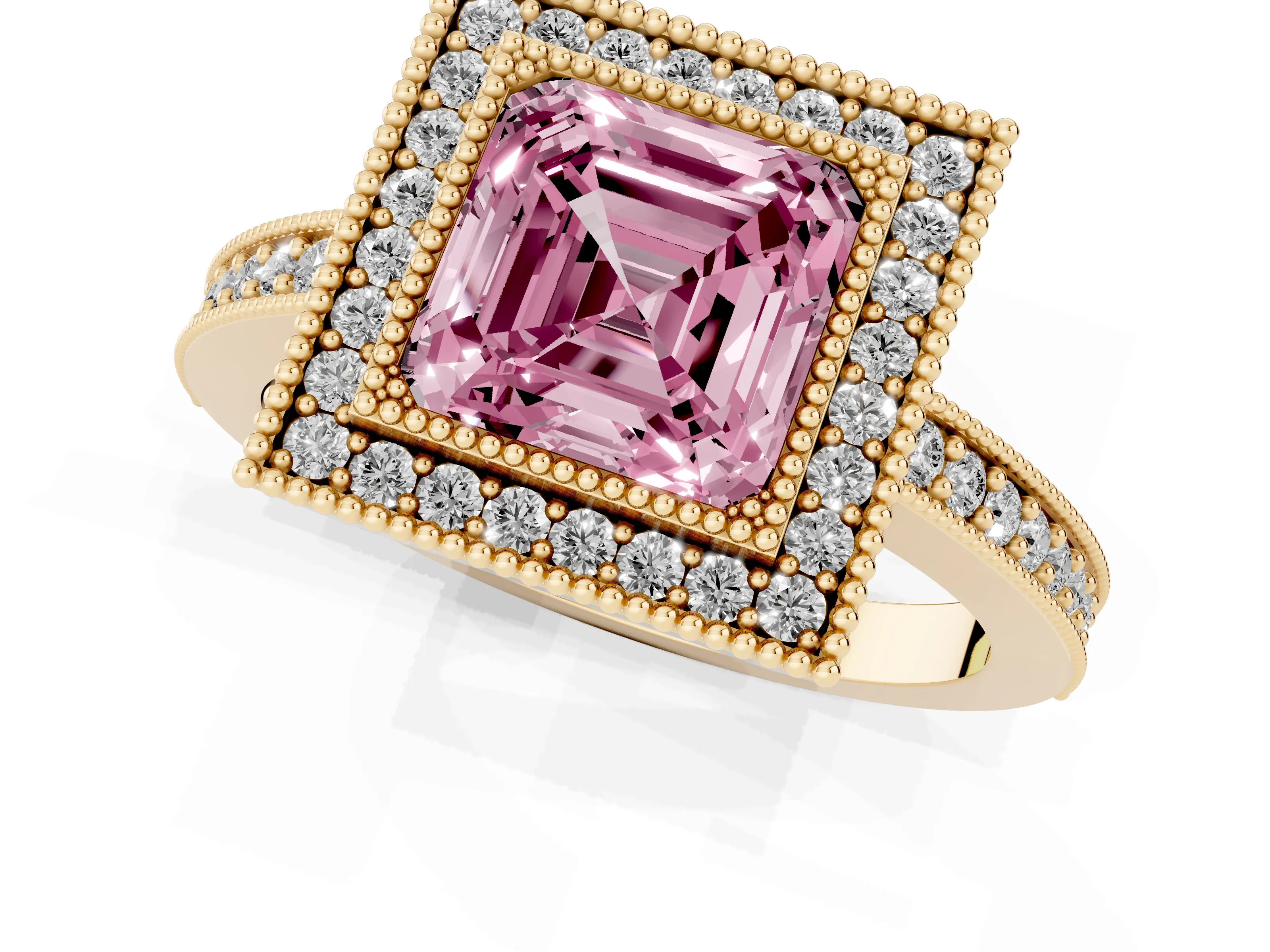 Fancy Pink Asscher Cut Diamond Halo Engagement Ring Set in Yellow gold with Pavé Band and Round Halo Stones
