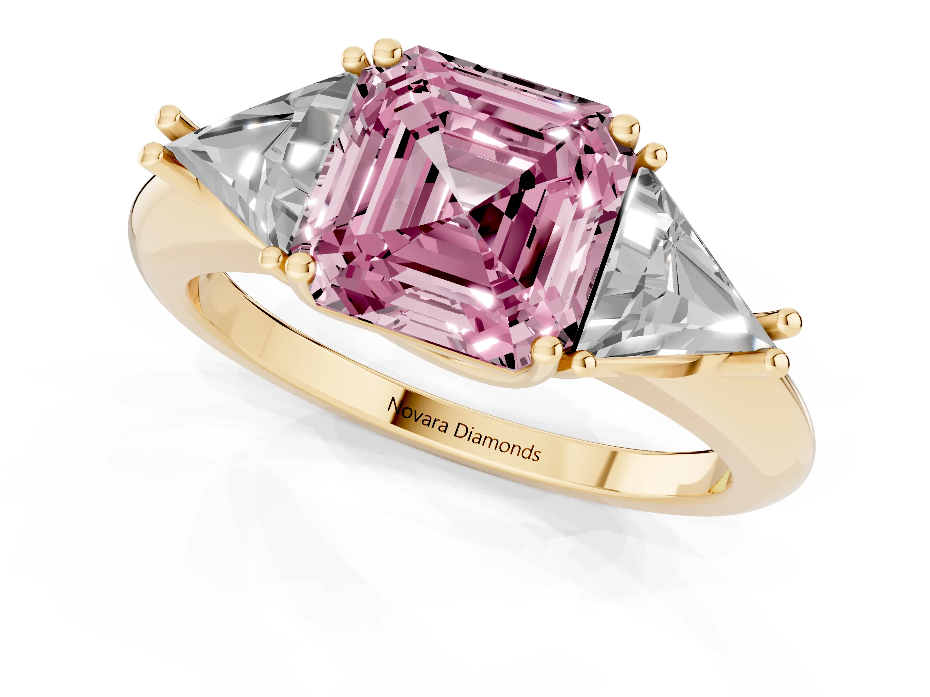 Fancy Pink Asscher Cut Diamond Three-Stone Engagement Ring Set in Yellow gold with Trillion Side Stones