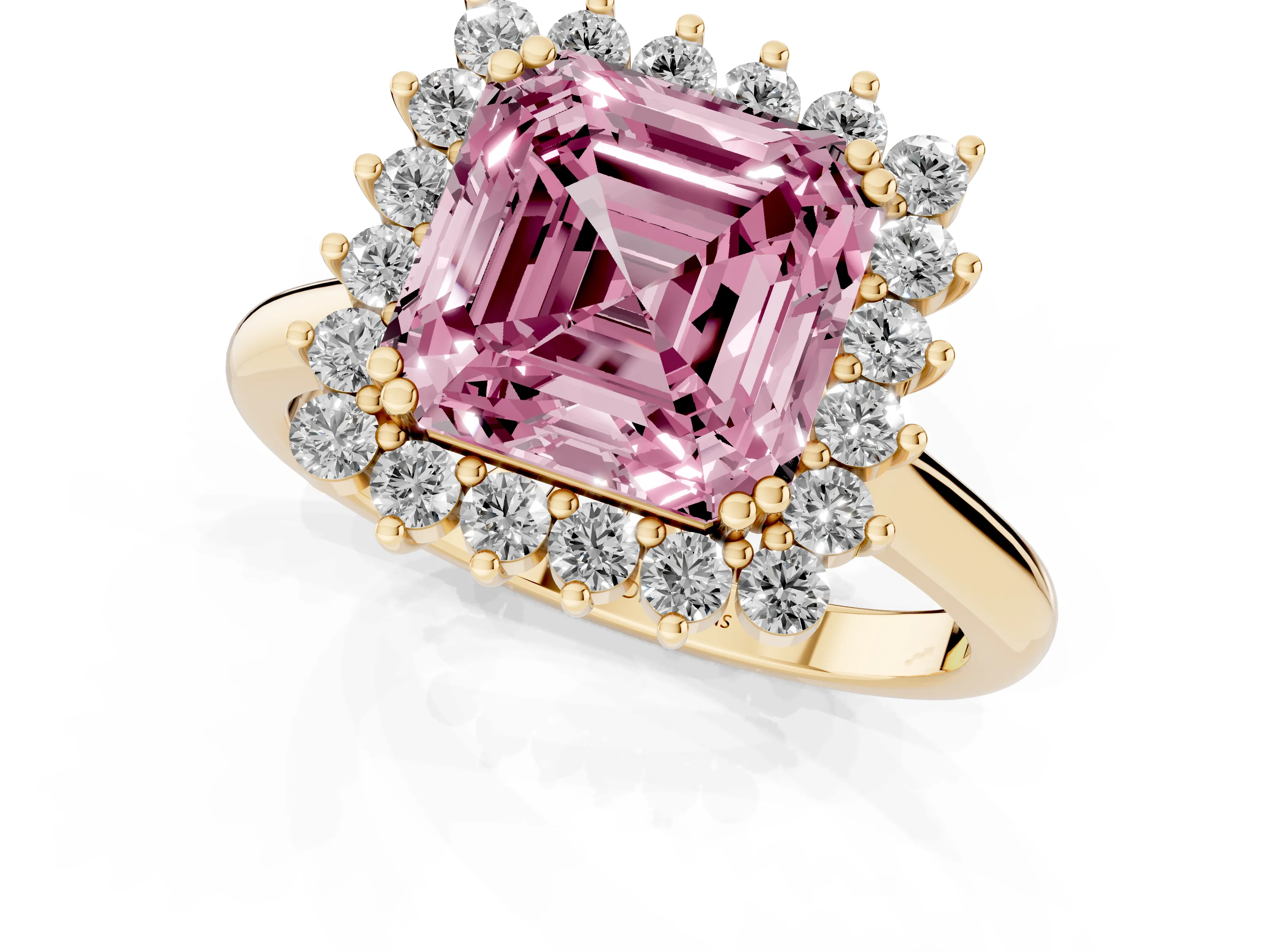 Fancy Pink Asscher Cut Diamond Halo Ring Set in Yellow gold with Plain Solitaire Band and Prong Setting