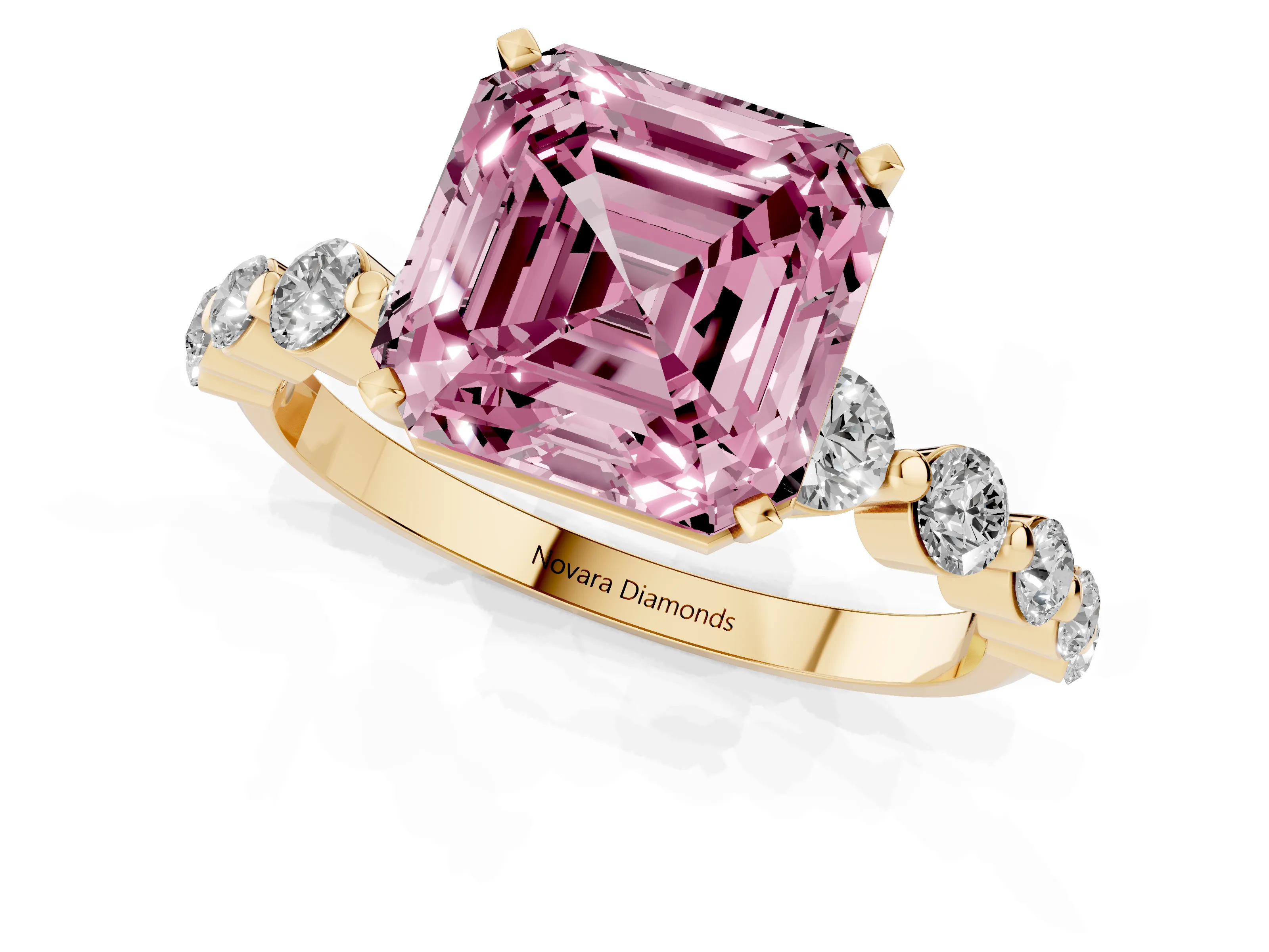 Fancy Pink Asscher Cut Diamond Solitaire Ring Set in Yellow gold with Pavé Band and Prong Setting