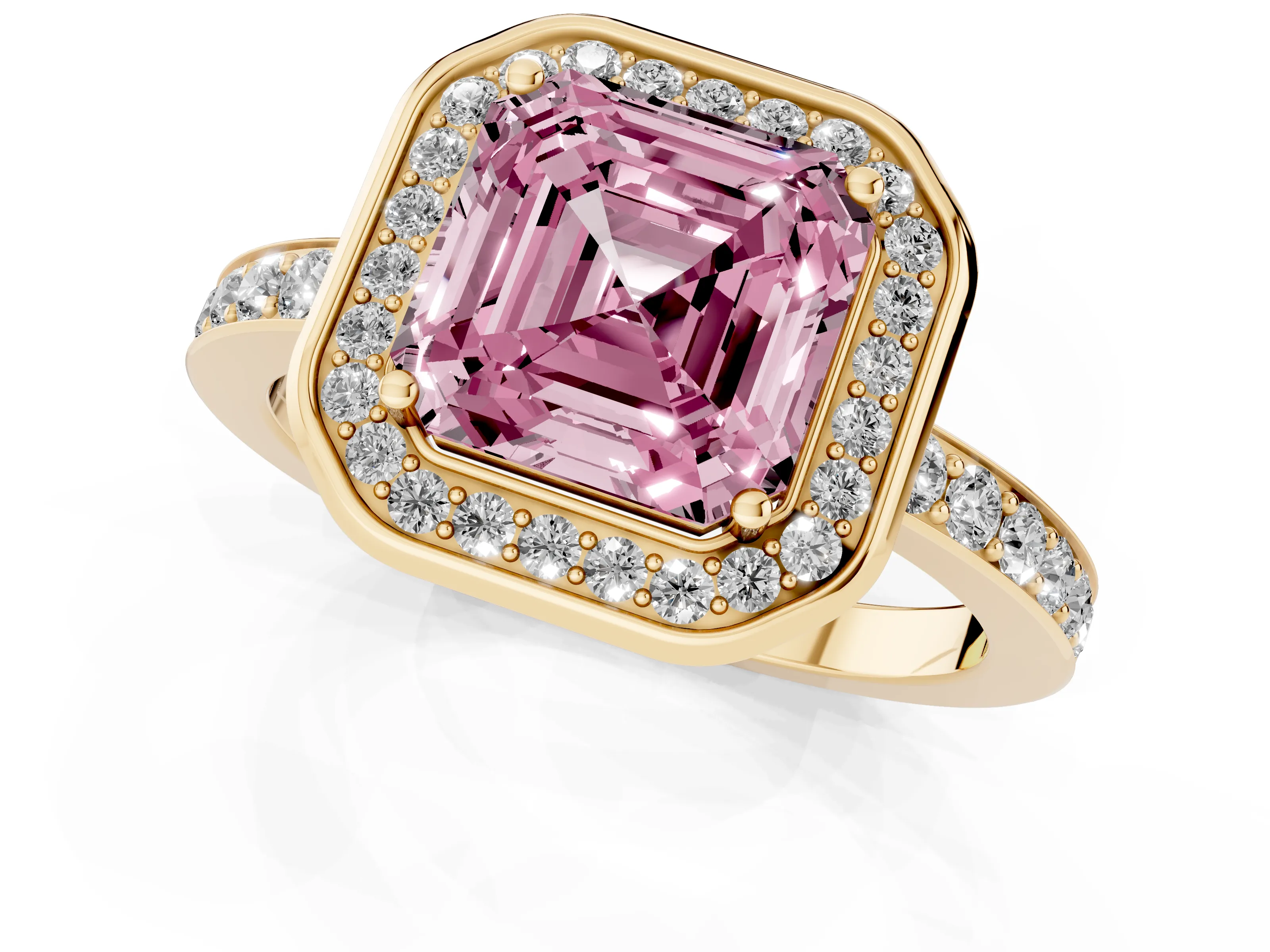 Fancy Pink Asscher Cut Diamond Halo Ring Set in Yellow gold with Bezel Frame and Pavé Band
