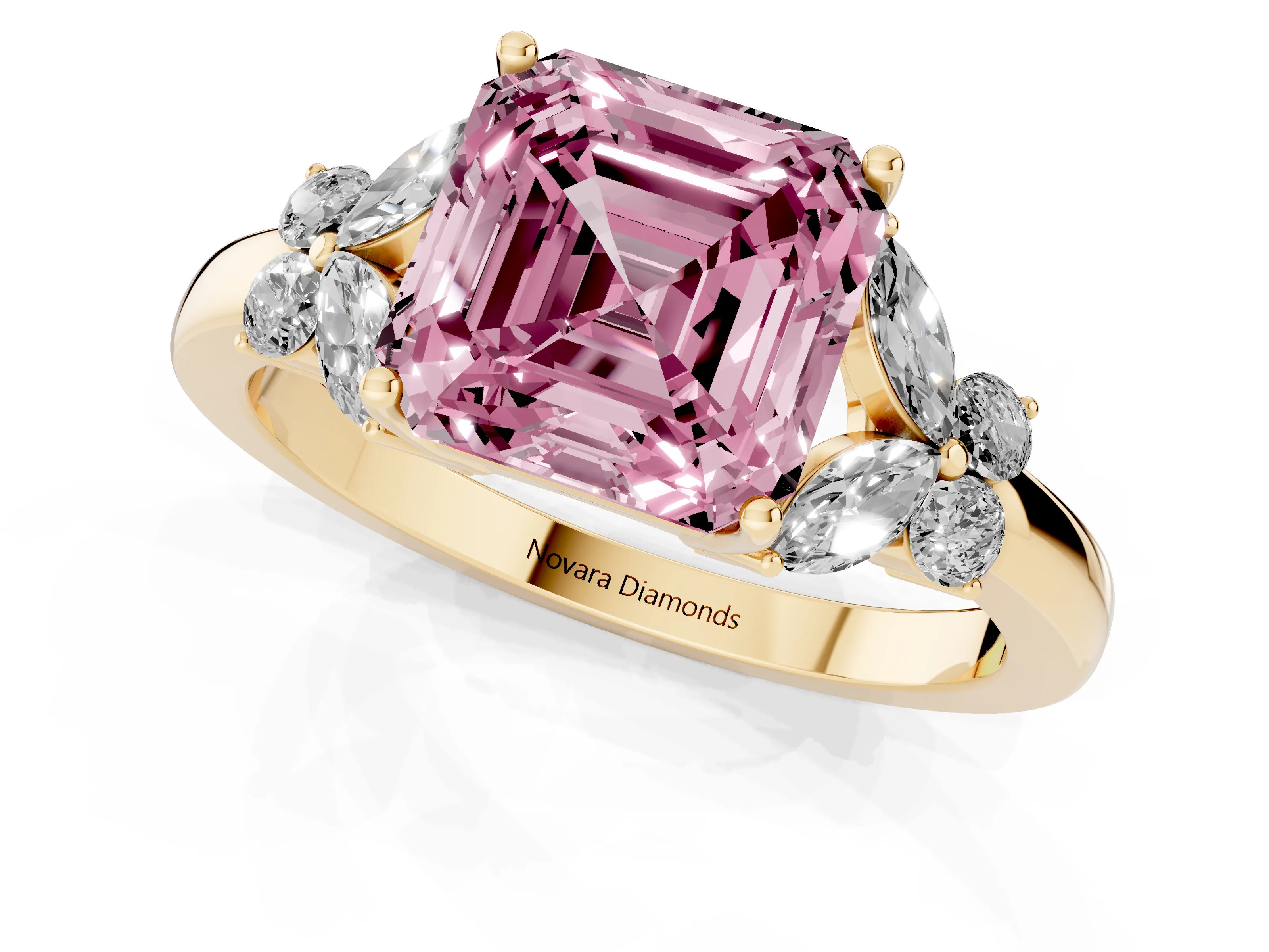Fancy Pink Asscher Cut Diamond Solitaire Floral Ring Set in Yellow gold with Marquise Petals and Prong Setting