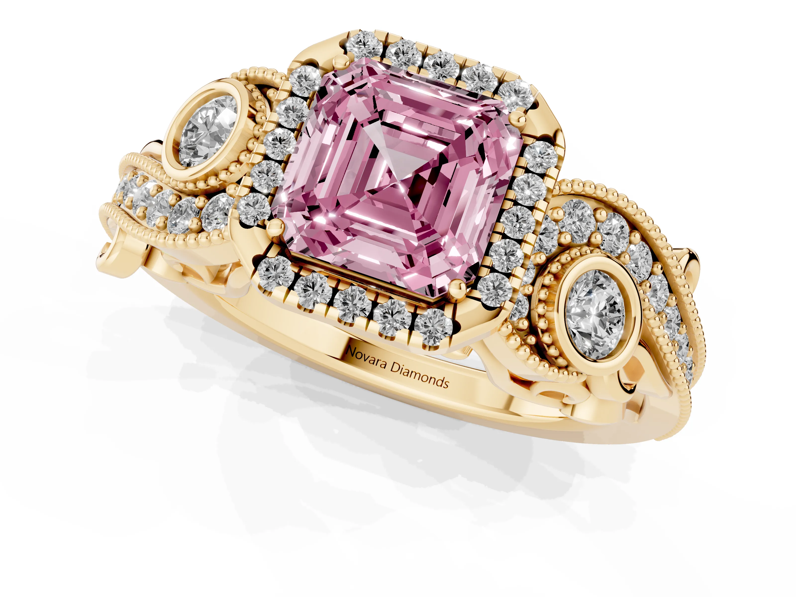 Asscher Cut Halo Engagement Ring Setting for a Fancy Pink Lab-Grown Diamond | Yellow Gold - Design NV-24754