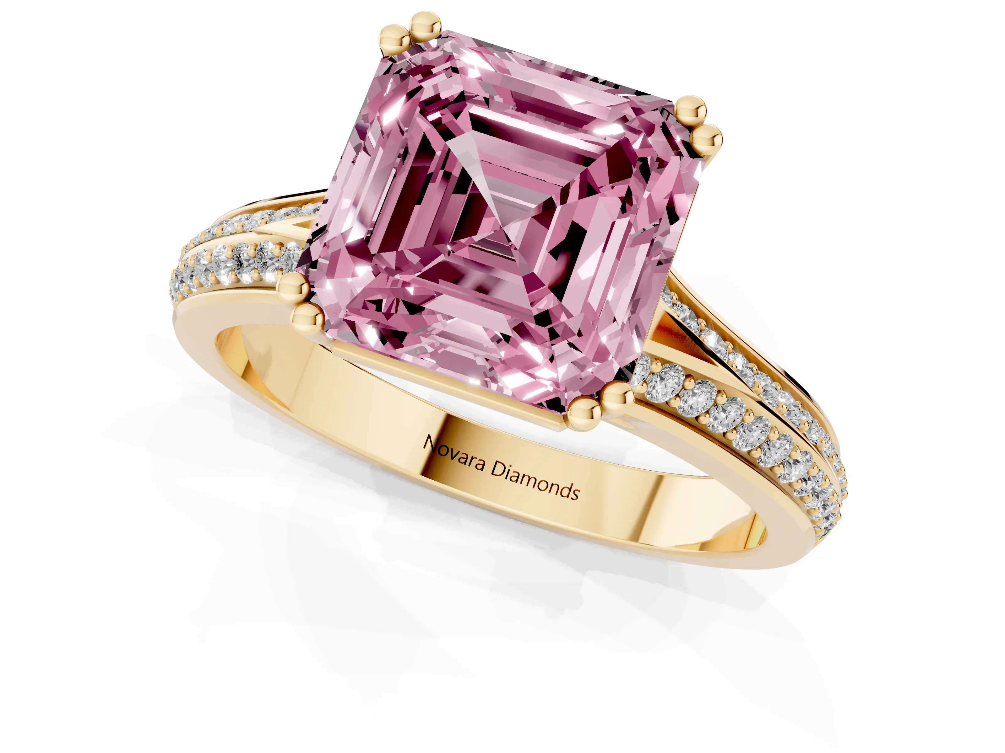 Fancy Pink Asscher Cut Diamond Split Shank Pavé Engagement Ring Set in Yellow gold with Prong-Set Center Stone