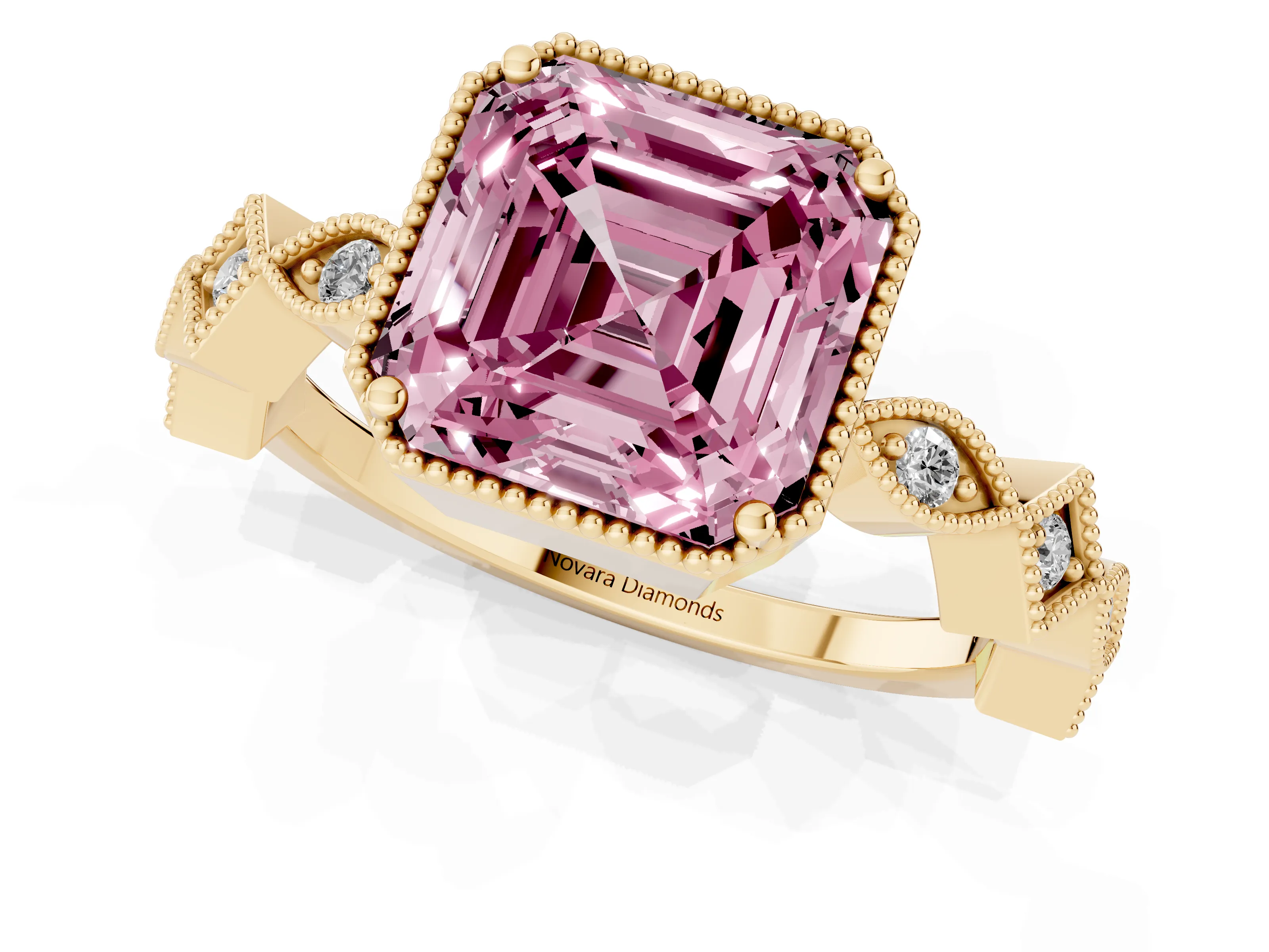 Fancy Pink Asscher Cut Diamond Milgrain Marquise Twist Band Ring Set in Yellow gold with Prong Setting