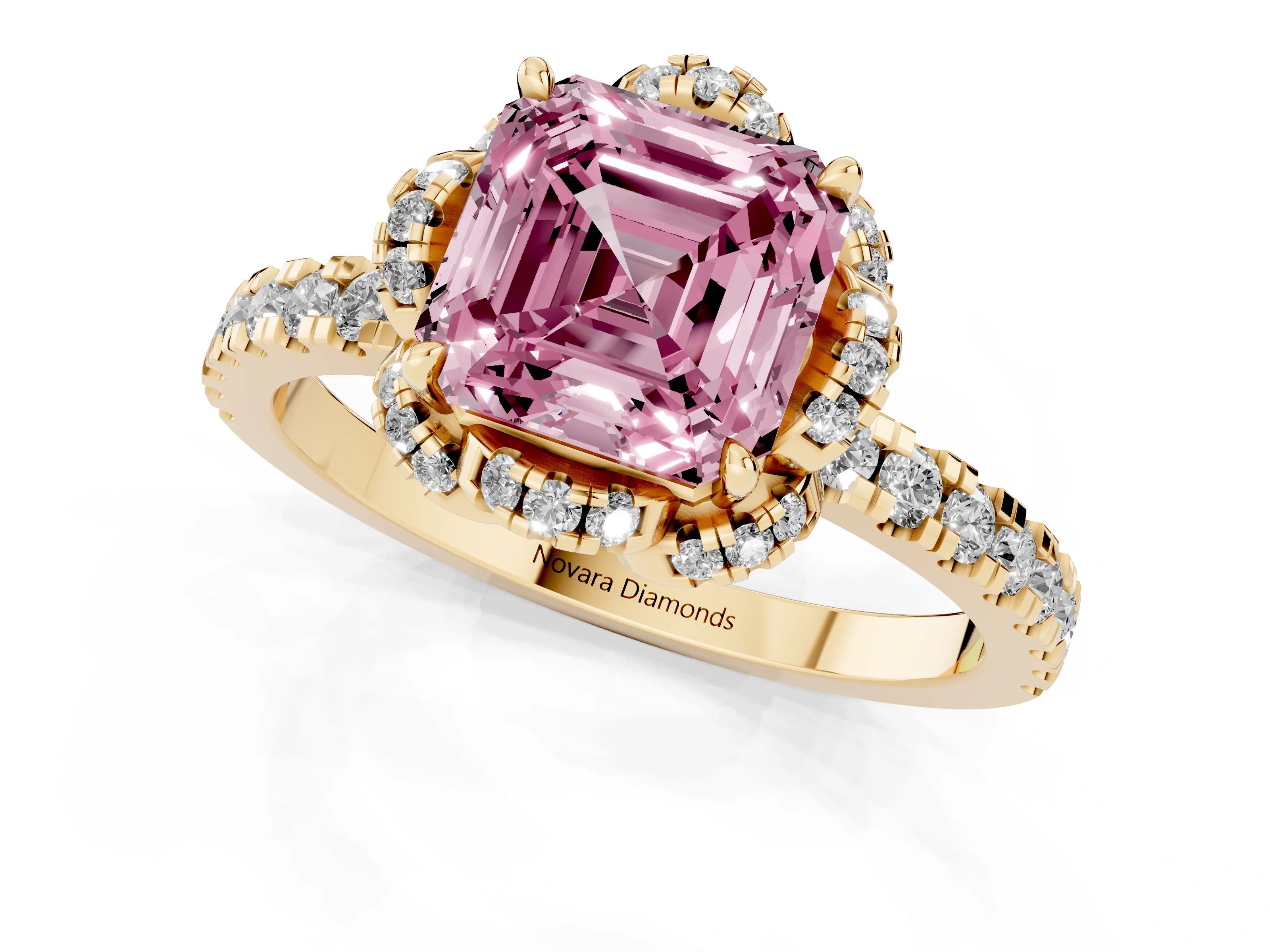 Fancy Pink Asscher Cut Diamond Halo Pavé Band Ring Set in Yellow gold with Prong-Held Center