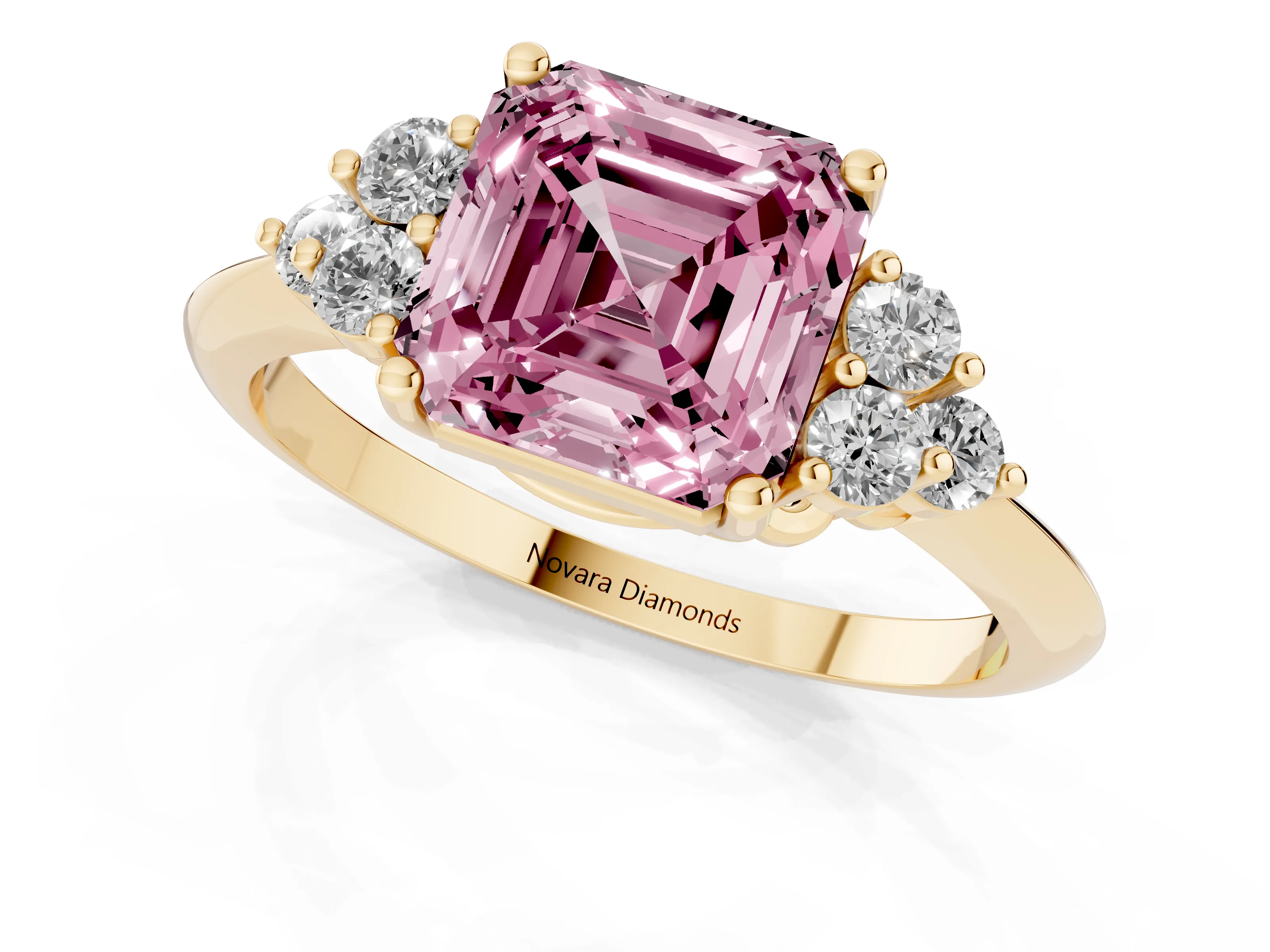 Fancy Pink Asscher Cut Diamond Cluster Ring Set in Yellow gold with Plain Band and Prong Setting