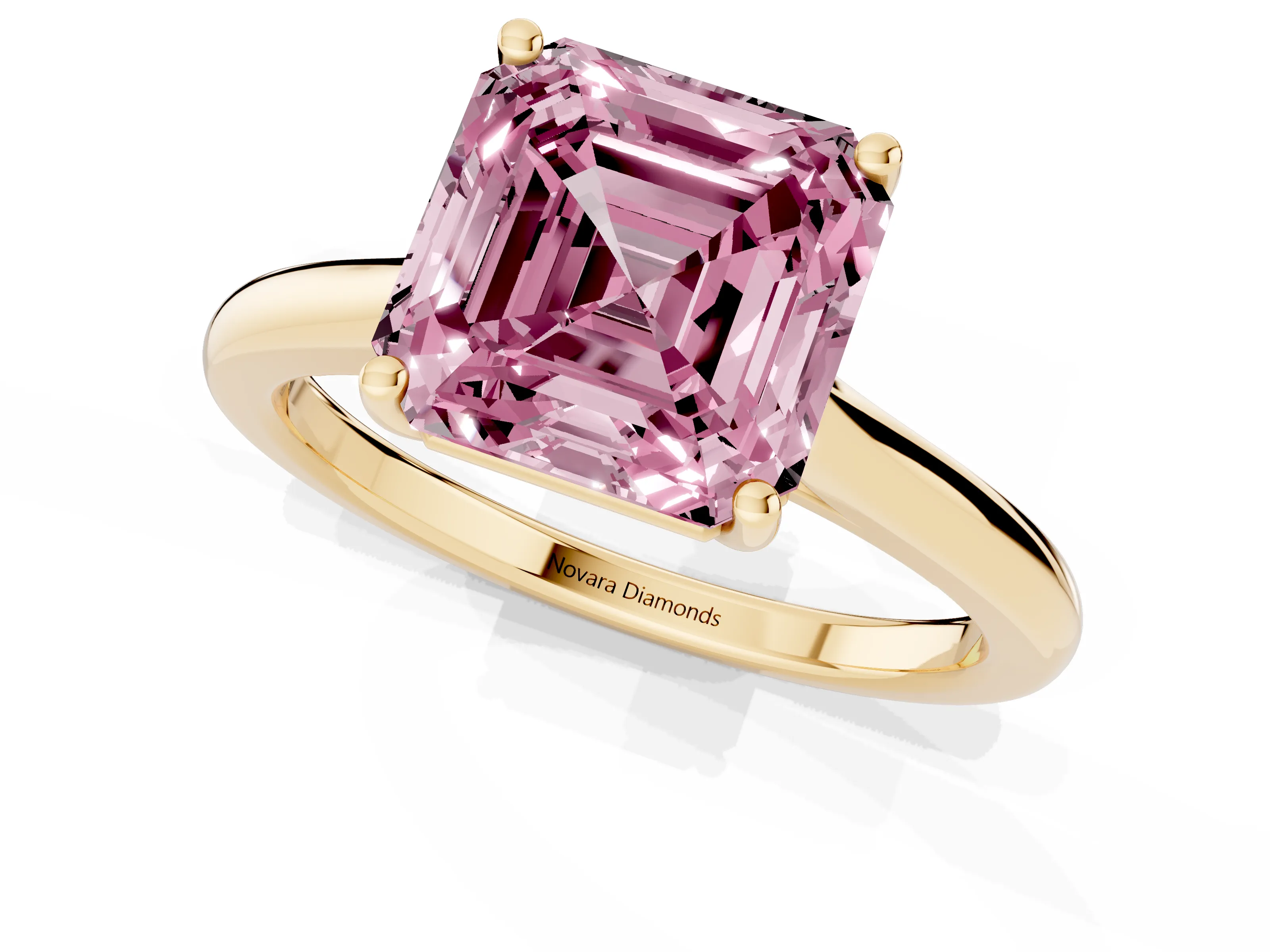 Fancy Pink Asscher Cut Diamond Solitaire Ring Set in Yellow gold with Cathedral Band and Prong Setting