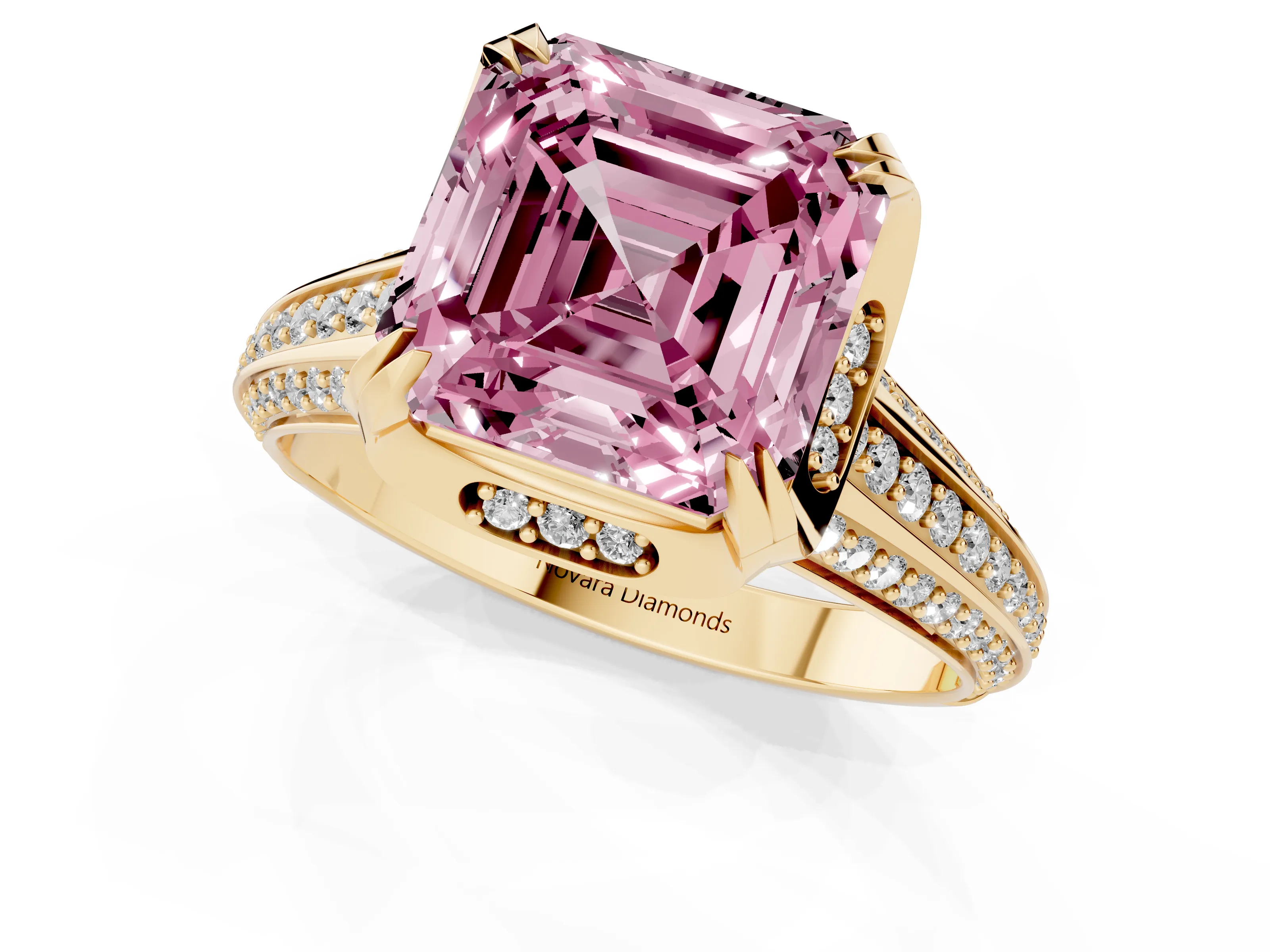 Fancy Pink Asscher Cut Diamond Pavé Split Shank Solitaire Ring Set in Yellow gold with Prong Setting