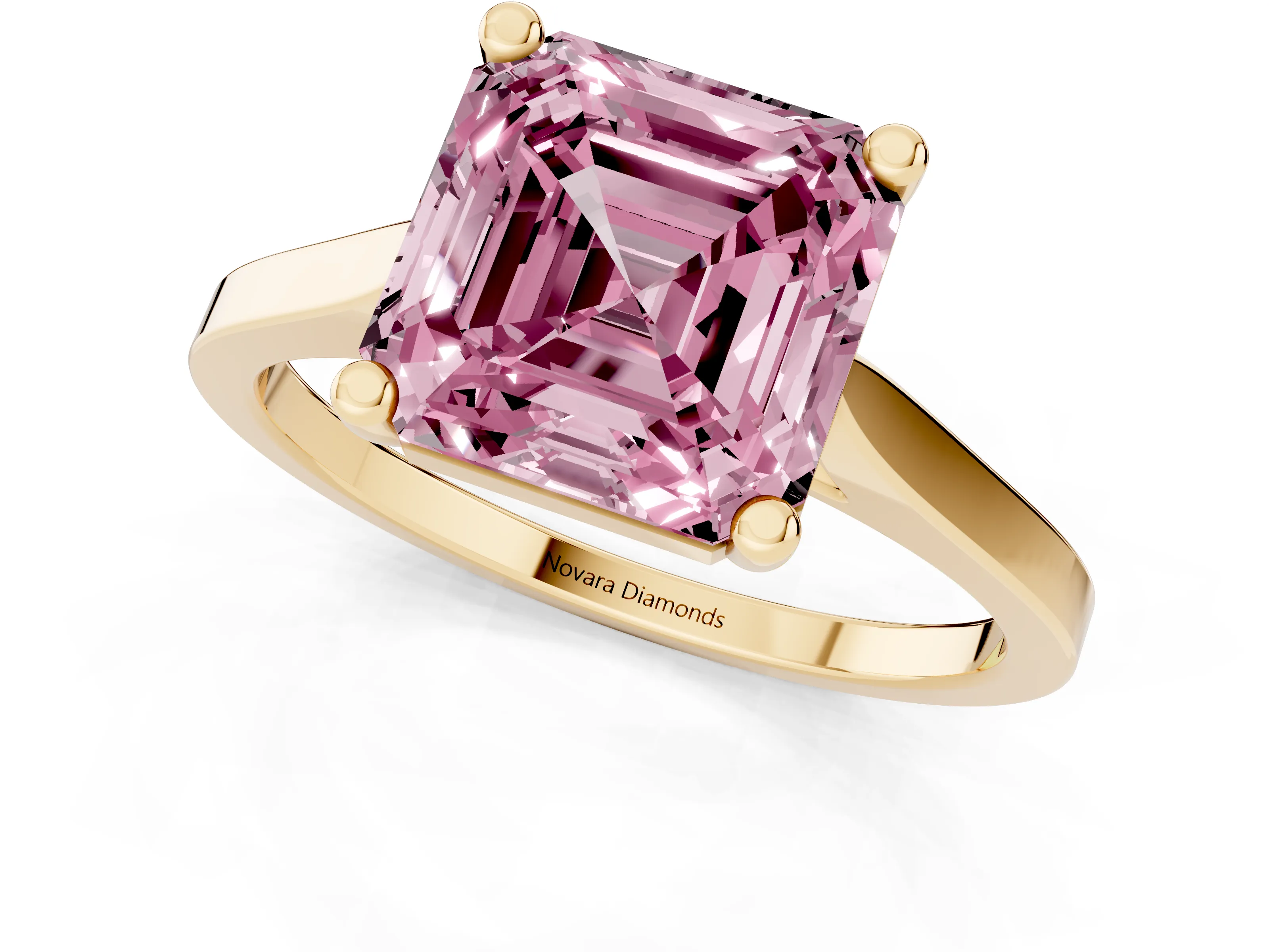 Fancy Pink Asscher Cut Diamond Solitaire Ring Set in Yellow gold with Prong Setting and Tapered Band