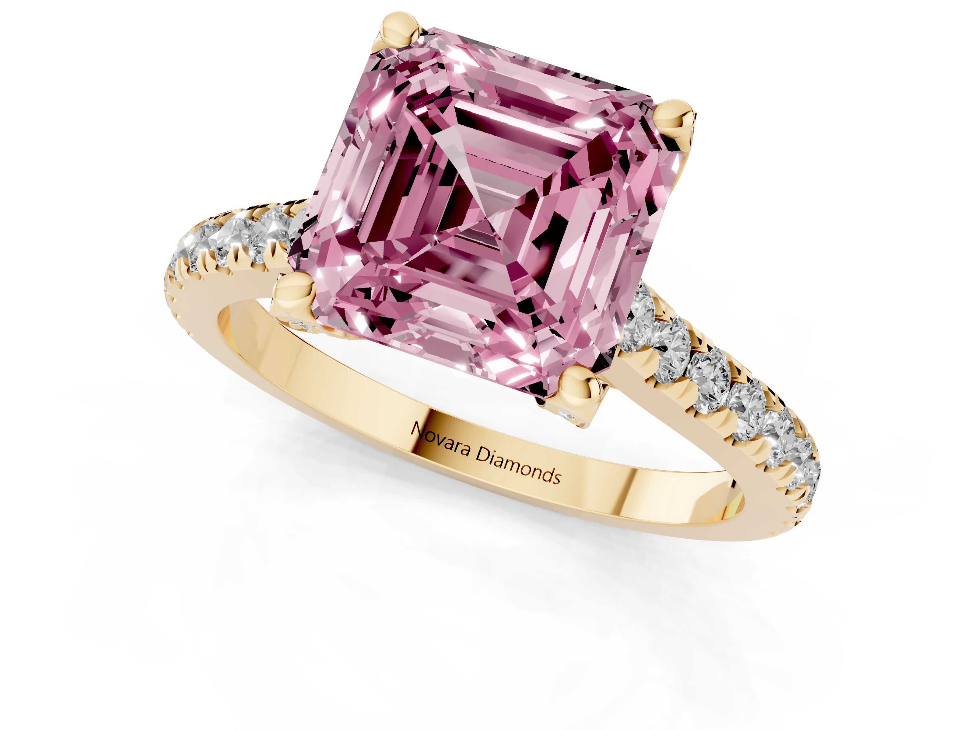 Fancy Pink Asscher Cut Diamond Solitaire Ring Set in Yellow gold with Brilliant Pavé Band and Prong Setting