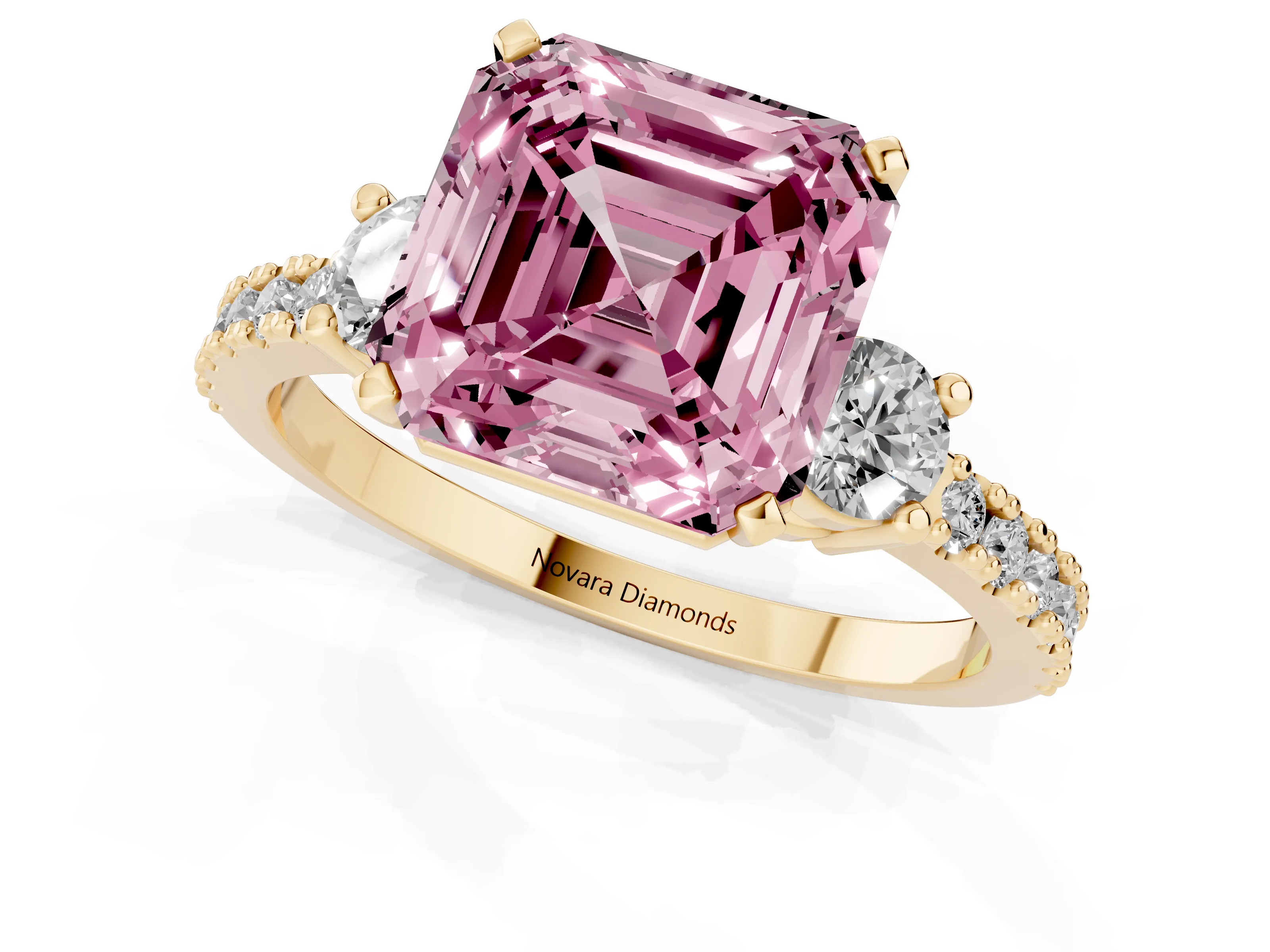Fancy Pink Three-Stone Asscher Cut Diamond Pavé Band Ring Set in Yellow gold with Prong Setting