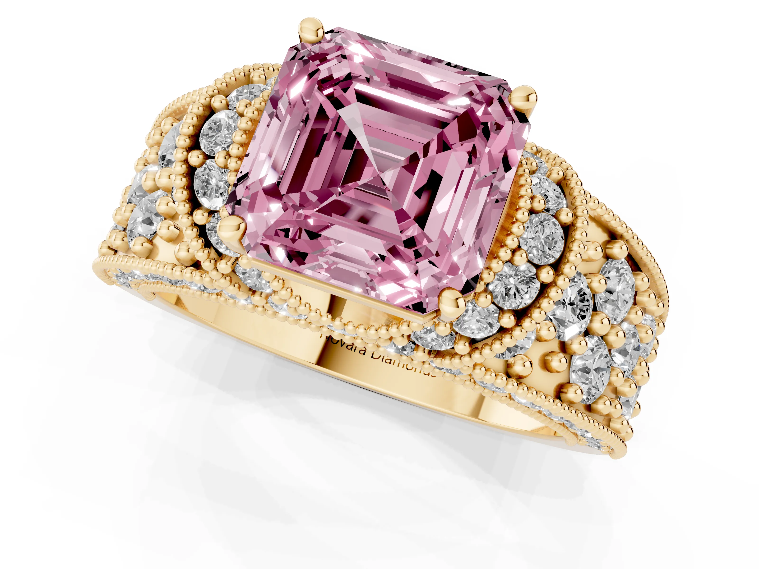 Fancy Pink Asscher Cut Diamond Milgrain Halo Pavé Engagement Ring Set in Yellow gold with Prong Setting