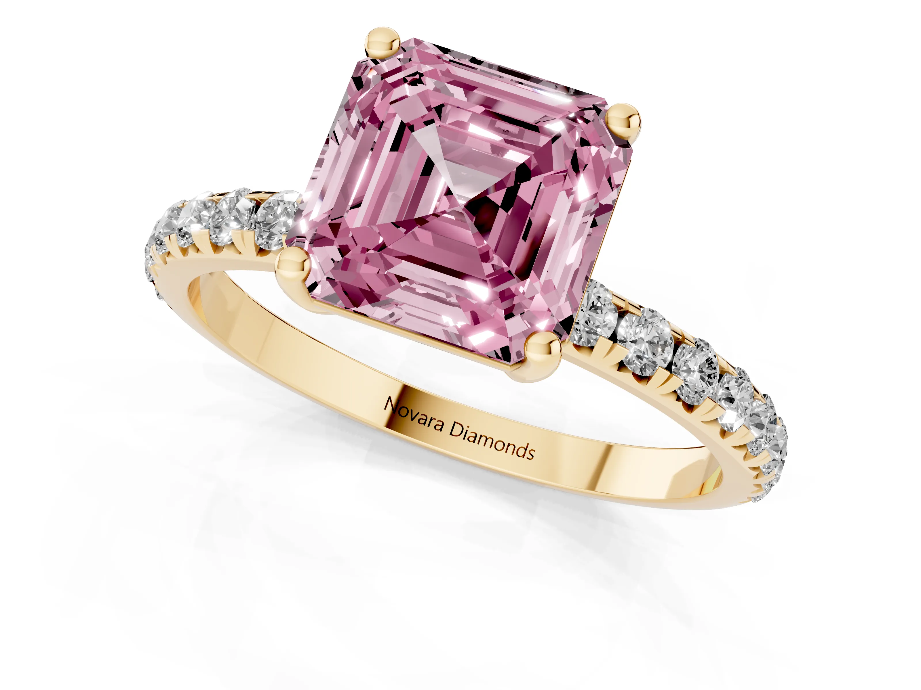 Fancy Pink Asscher Cut Diamond Solitaire Ring Set in Yellow gold with Micro Pavé Band and Prong Setting