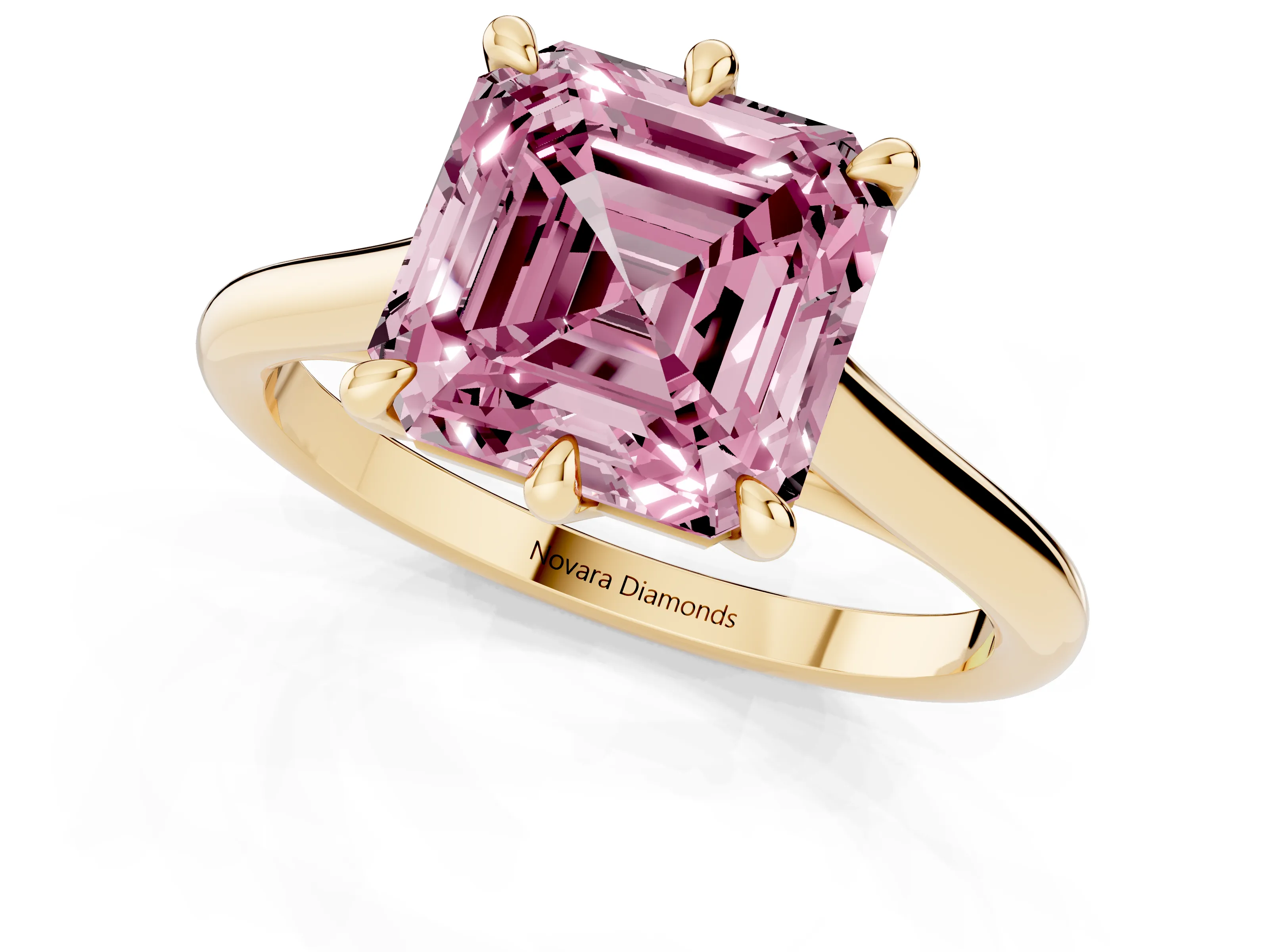 Fancy Pink Asscher Cut Diamond Solitaire Engagement Ring Set in Yellow gold with Prong Setting and Plain Classic Band