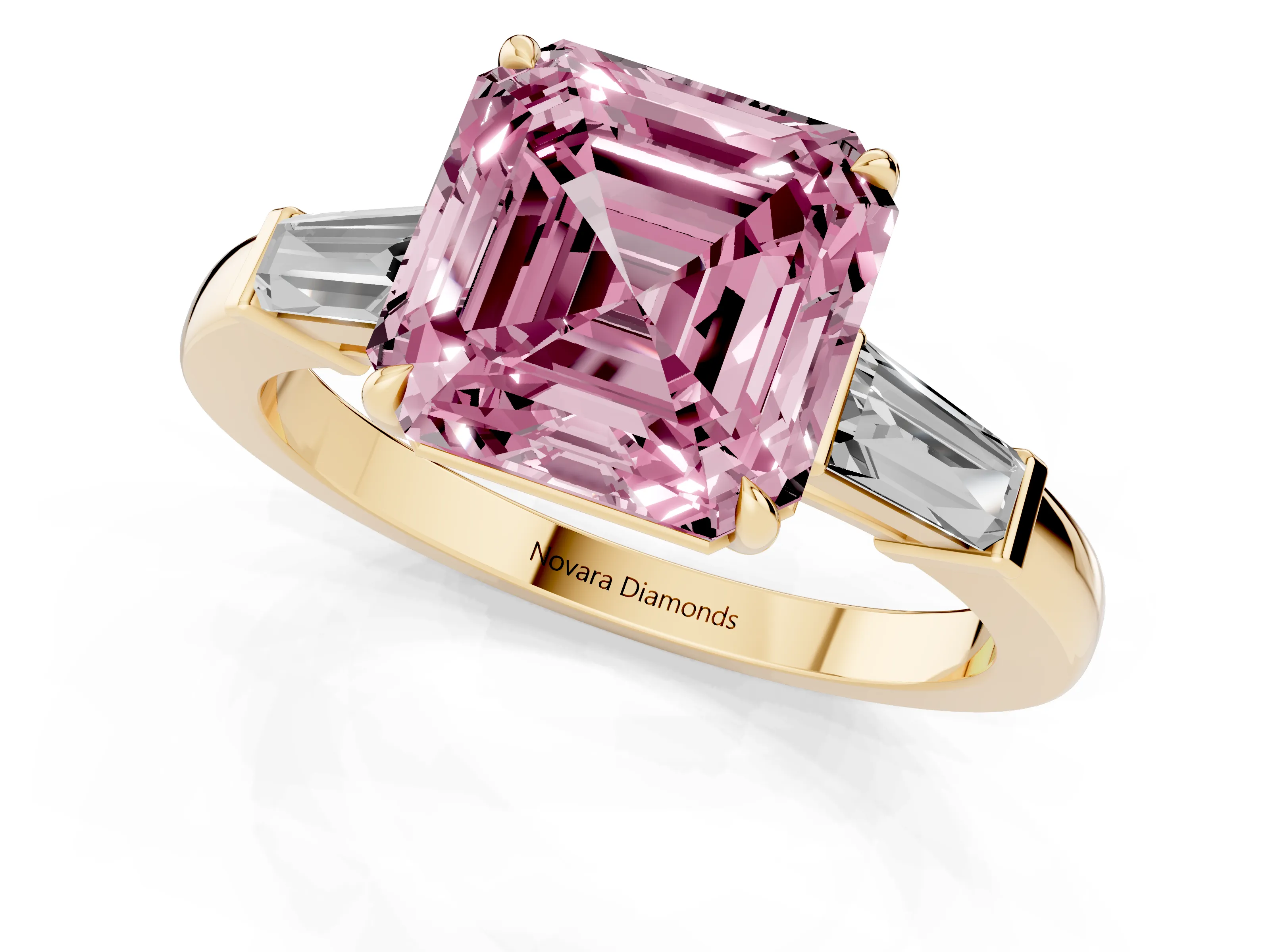 Fancy Pink Asscher Cut Diamond Three-Stone Ring Set in Yellow gold with Tapered Baguette Side Stones and Prong Setting