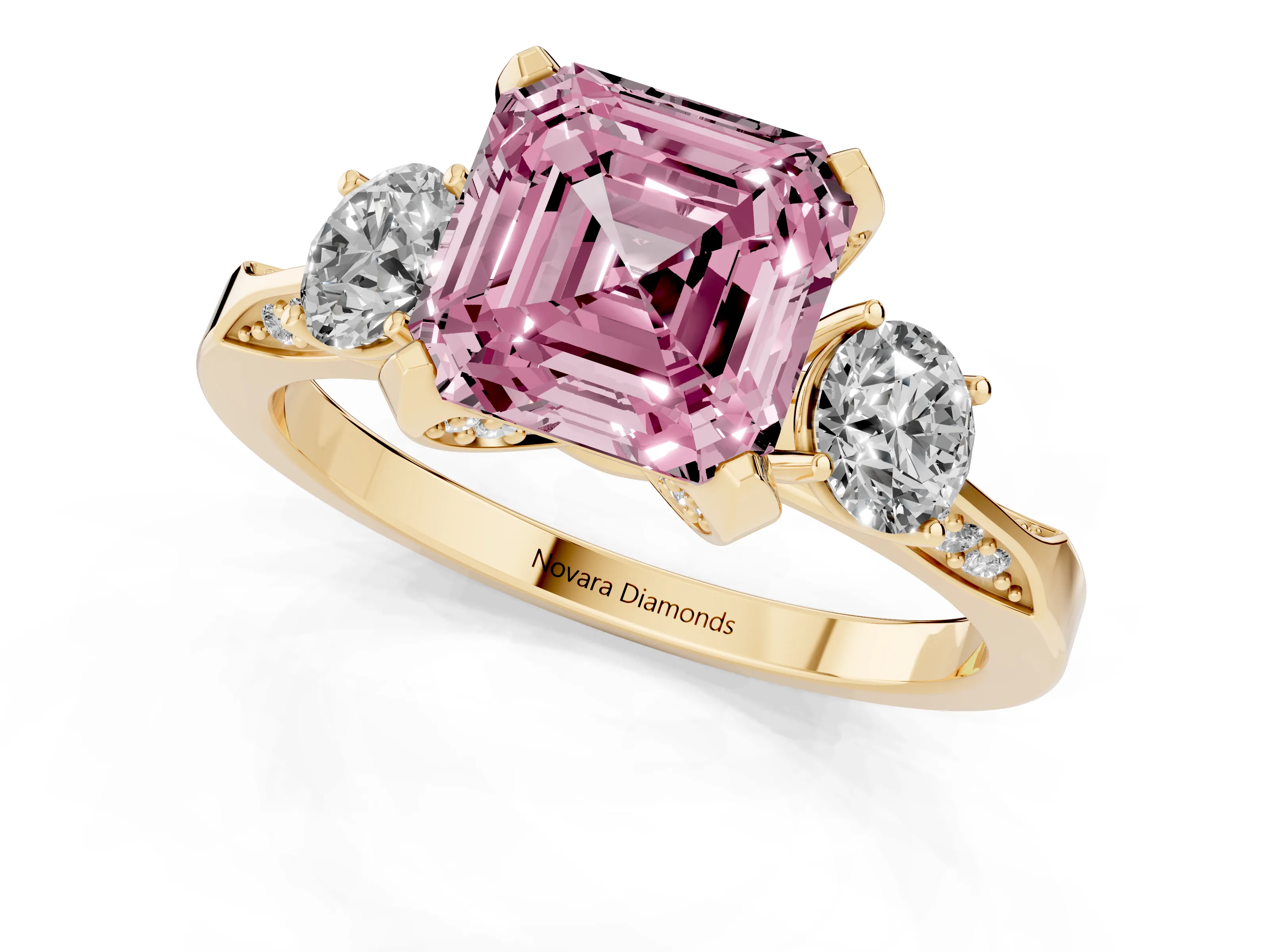 Fancy Pink Asscher Cut Diamond Three-Stone Ring Set in Yellow gold with Pavé Band and Smaller Side Stones