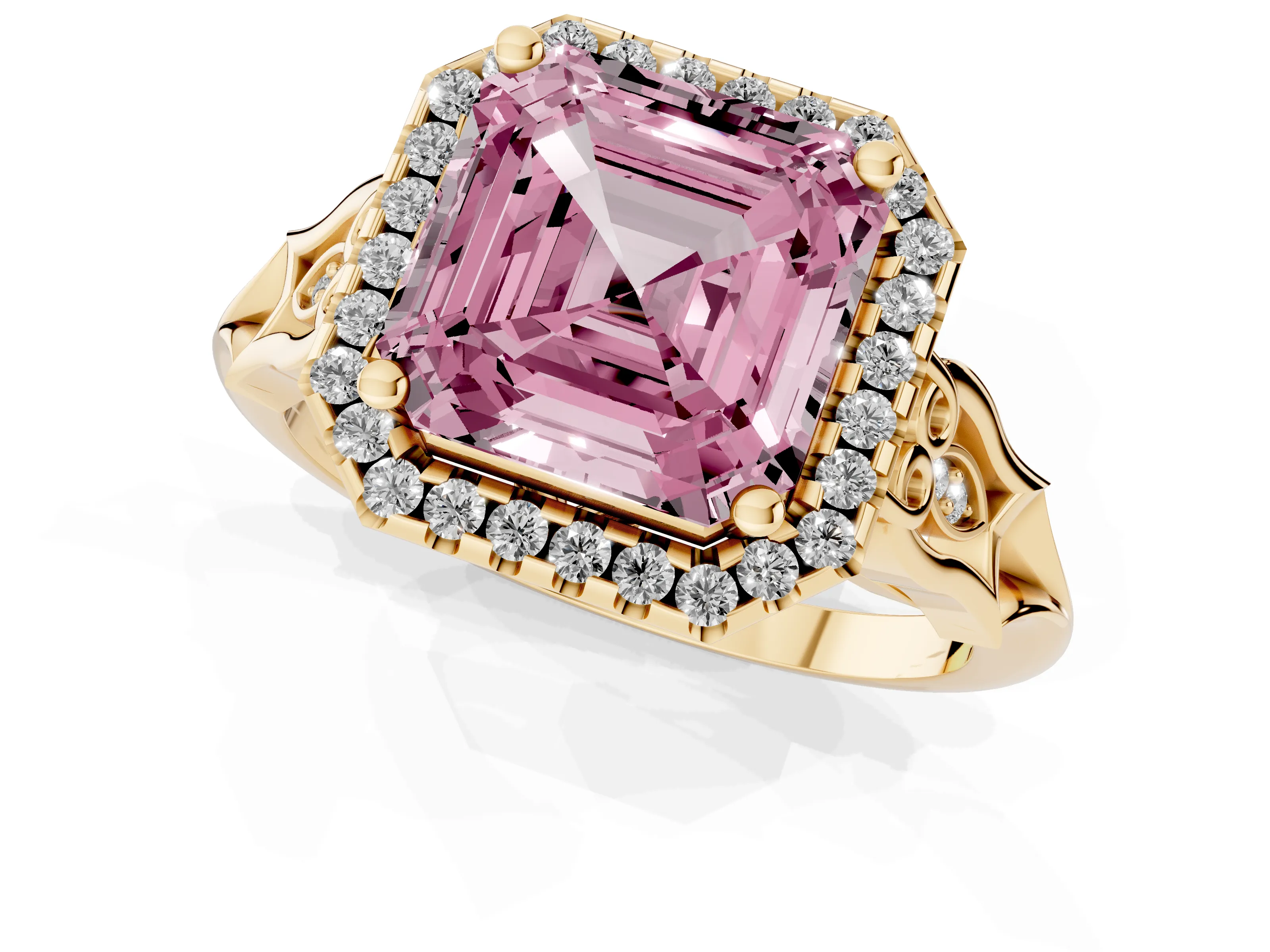 Fancy Pink Asscher Cut Diamond Halo Engagement Ring Set in Yellow gold with Filigree Band and Prong-Set Center