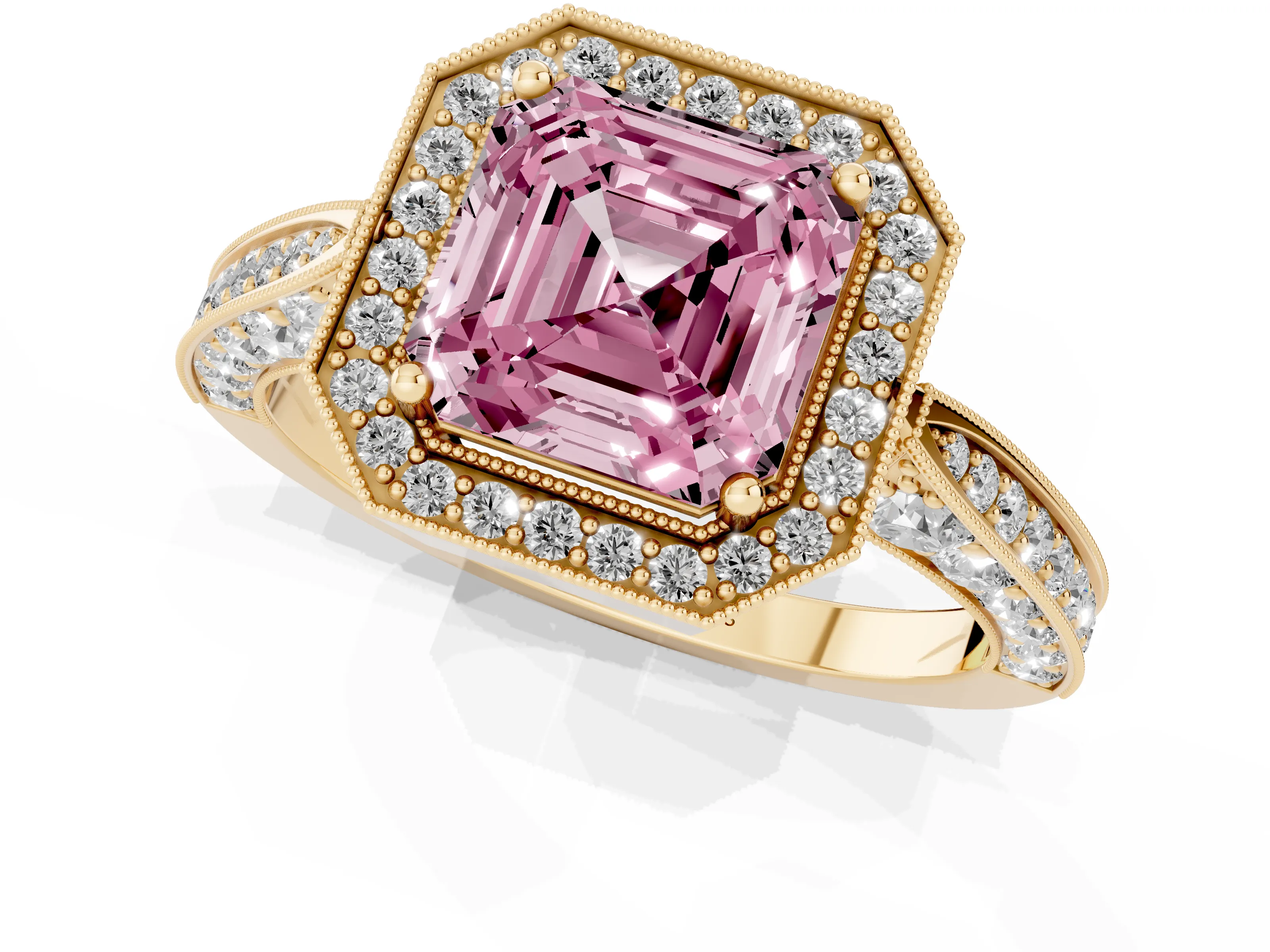 Fancy Pink Asscher Cut Diamond Halo Engagement Ring Set in Yellow gold with Accent Split Shank Band