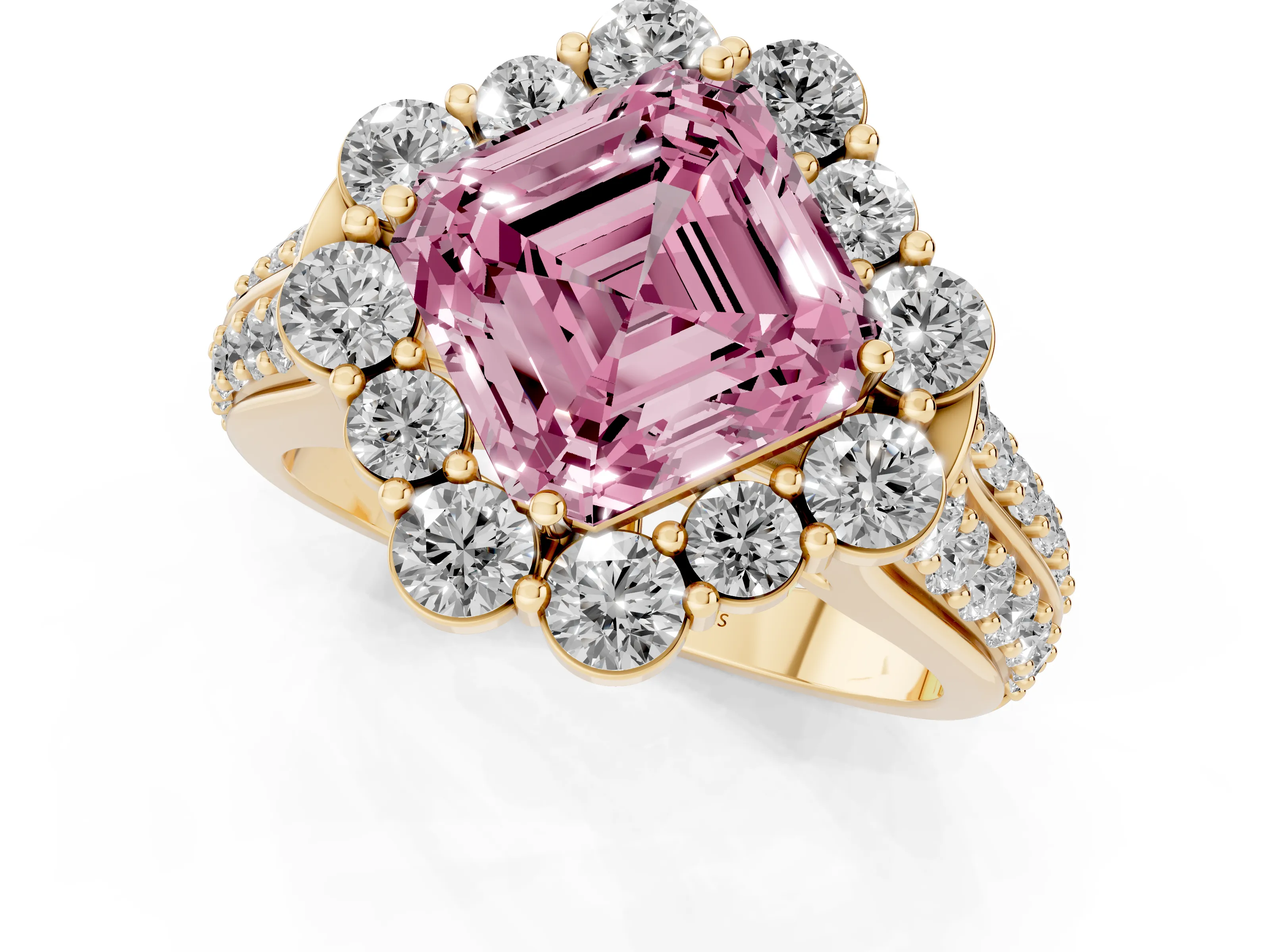 Fancy Pink Asscher Cut Diamond Halo Engagement Ring Set in Yellow gold with Split Shank and Prong Setting