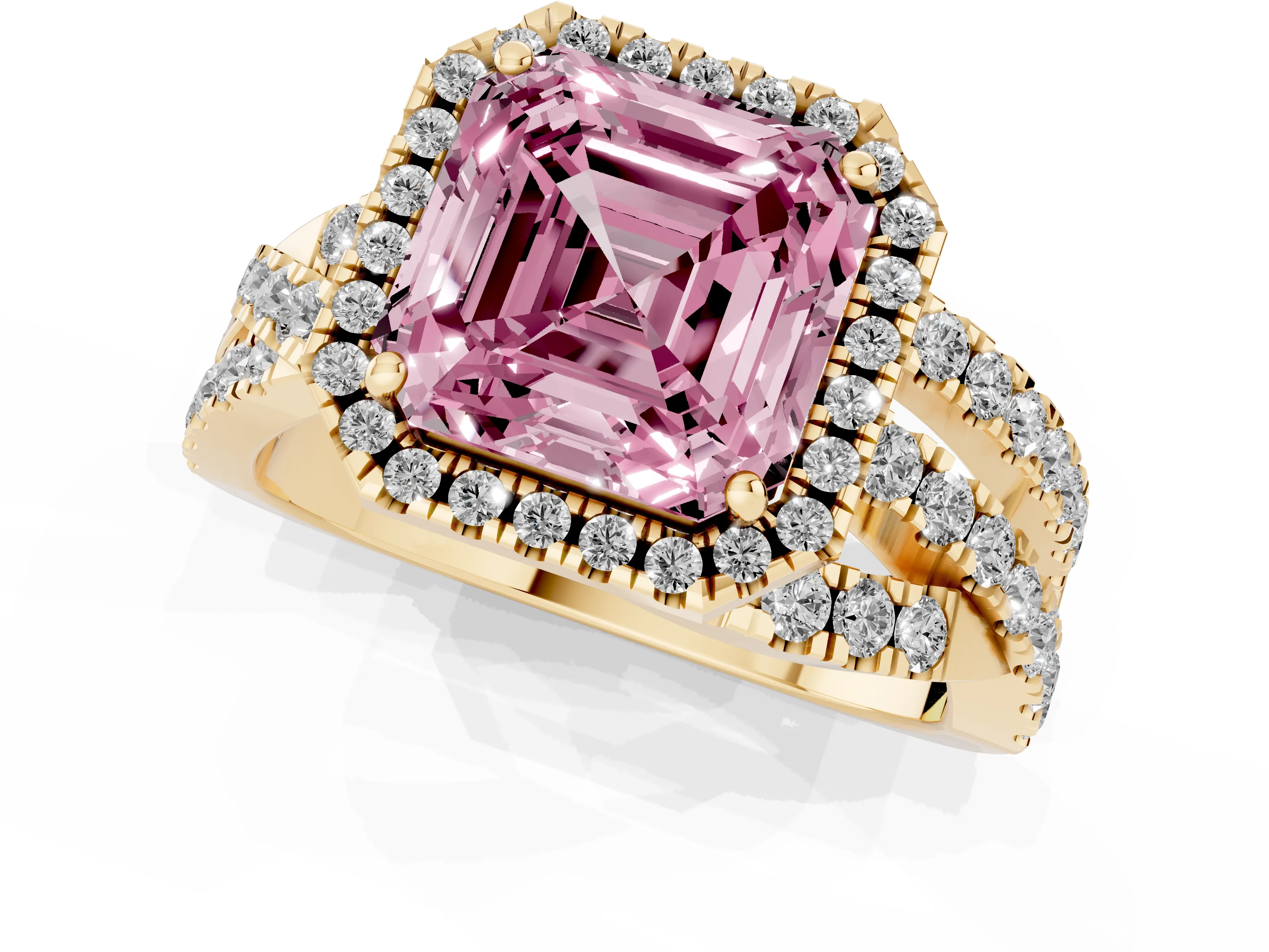Fancy Pink Asscher Cut Diamond Halo Ring Set in Yellow gold with Round Crossover Split Shank and Prong Setting
