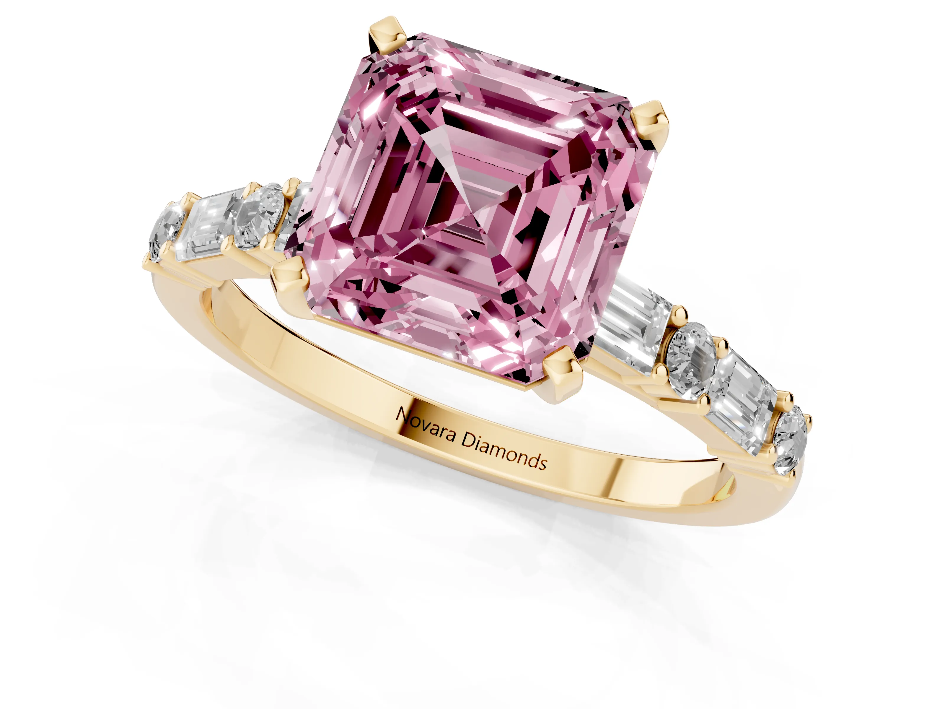 Fancy Pink Asscher Cut Diamond Solitaire Set in Yellow gold with Side Baguettes and Channel Set Band