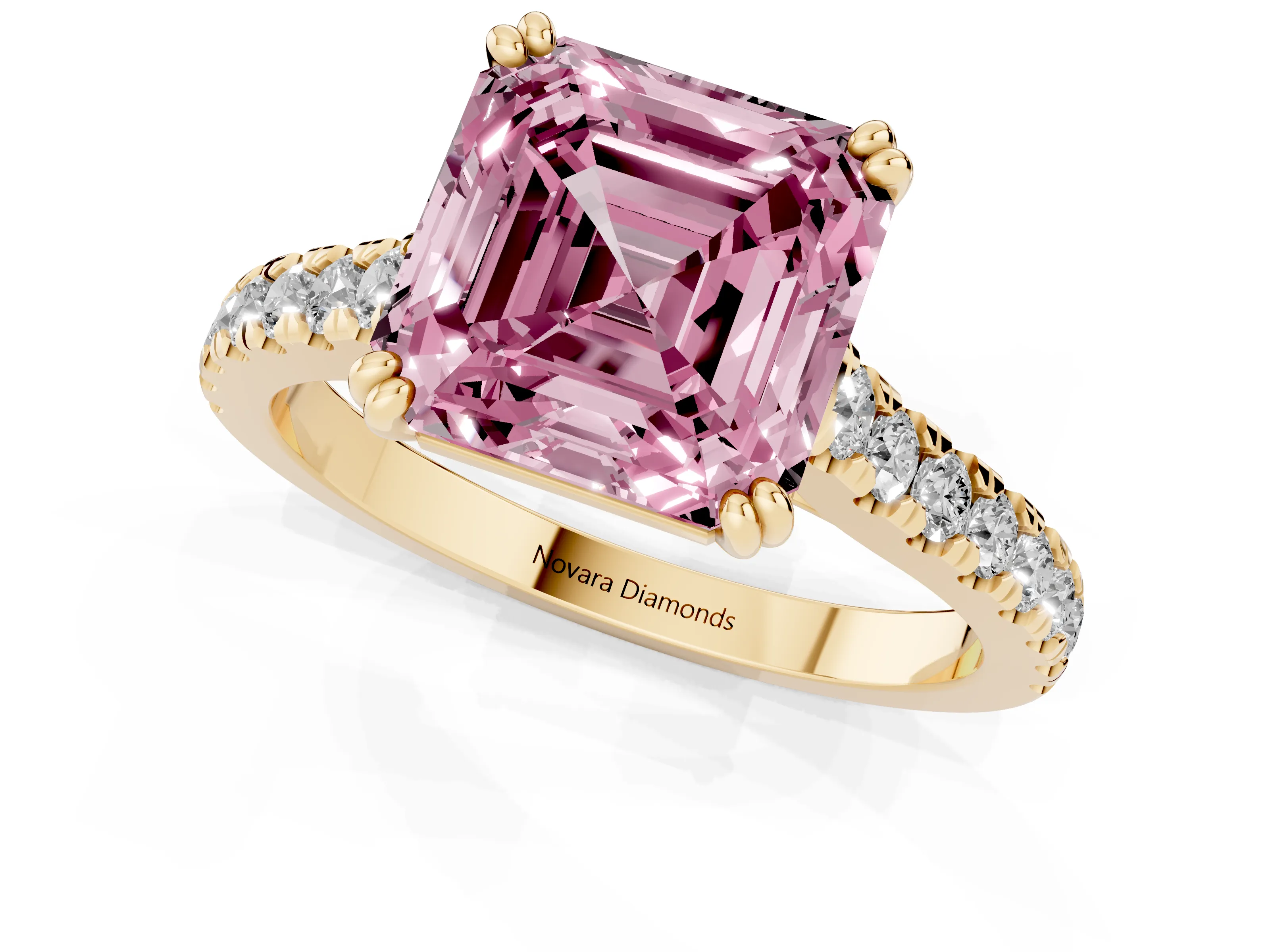 Fancy Pink Asscher Cut Diamond Solitaire Engagement Ring Set in Yellow gold with Pavé Accents and Prong Setting