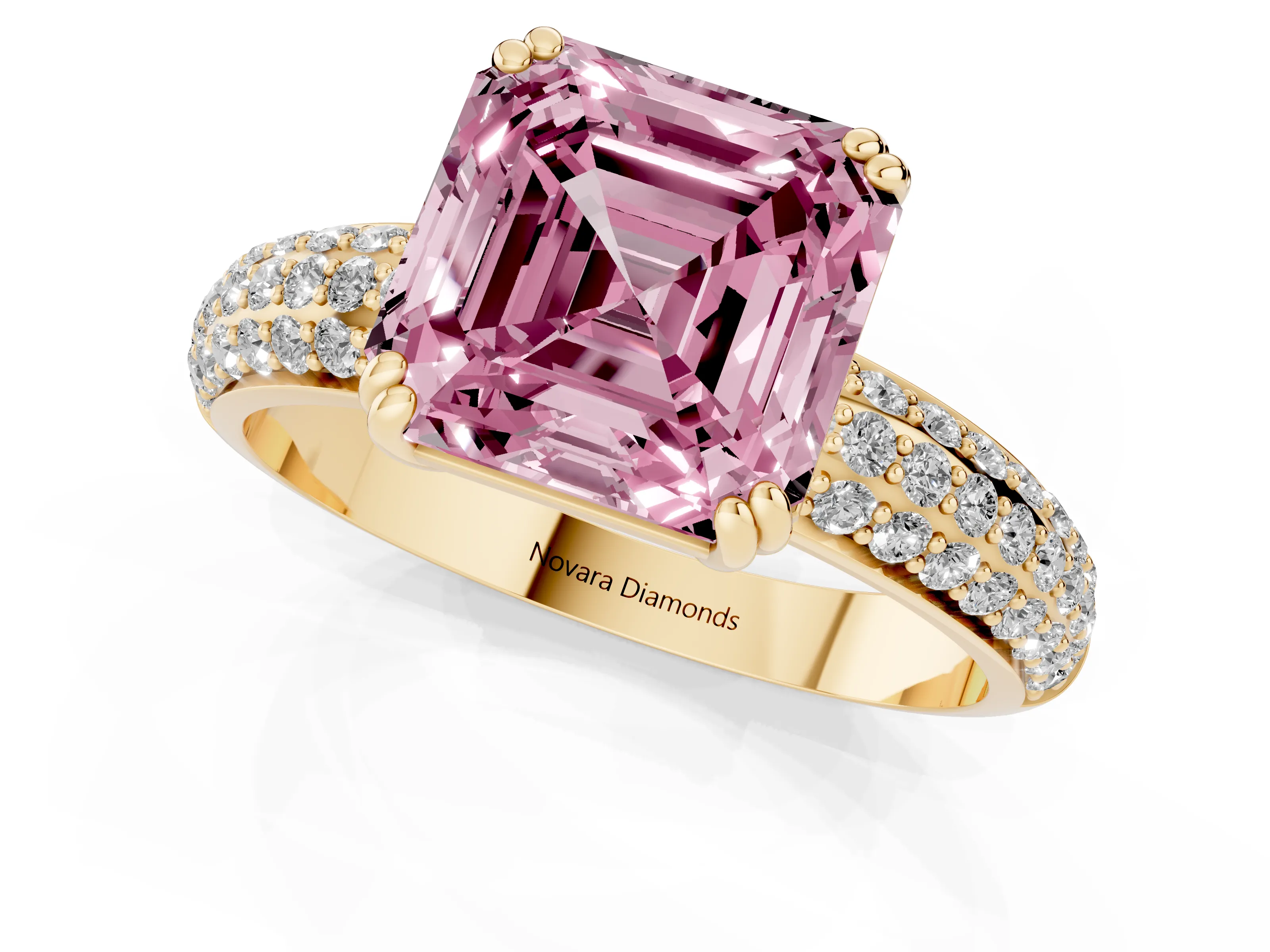 Fancy Pink Asscher Cut Diamond Solitaire Ring Set in Yellow gold with Multi-Row Round Pavé Band and Prong Setting