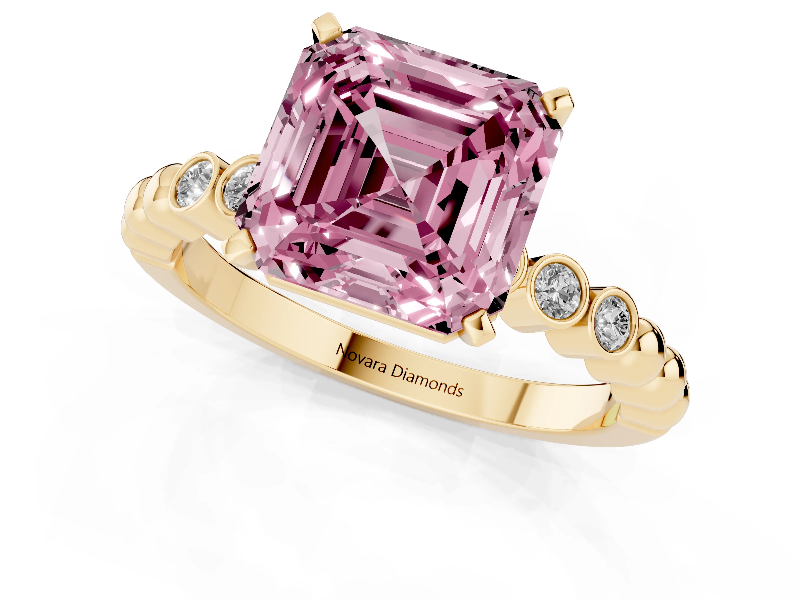 Fancy Pink Asscher Cut Diamond Solitaire Engagement Ring Set in Yellow gold with Bezel Accents on Beaded Band