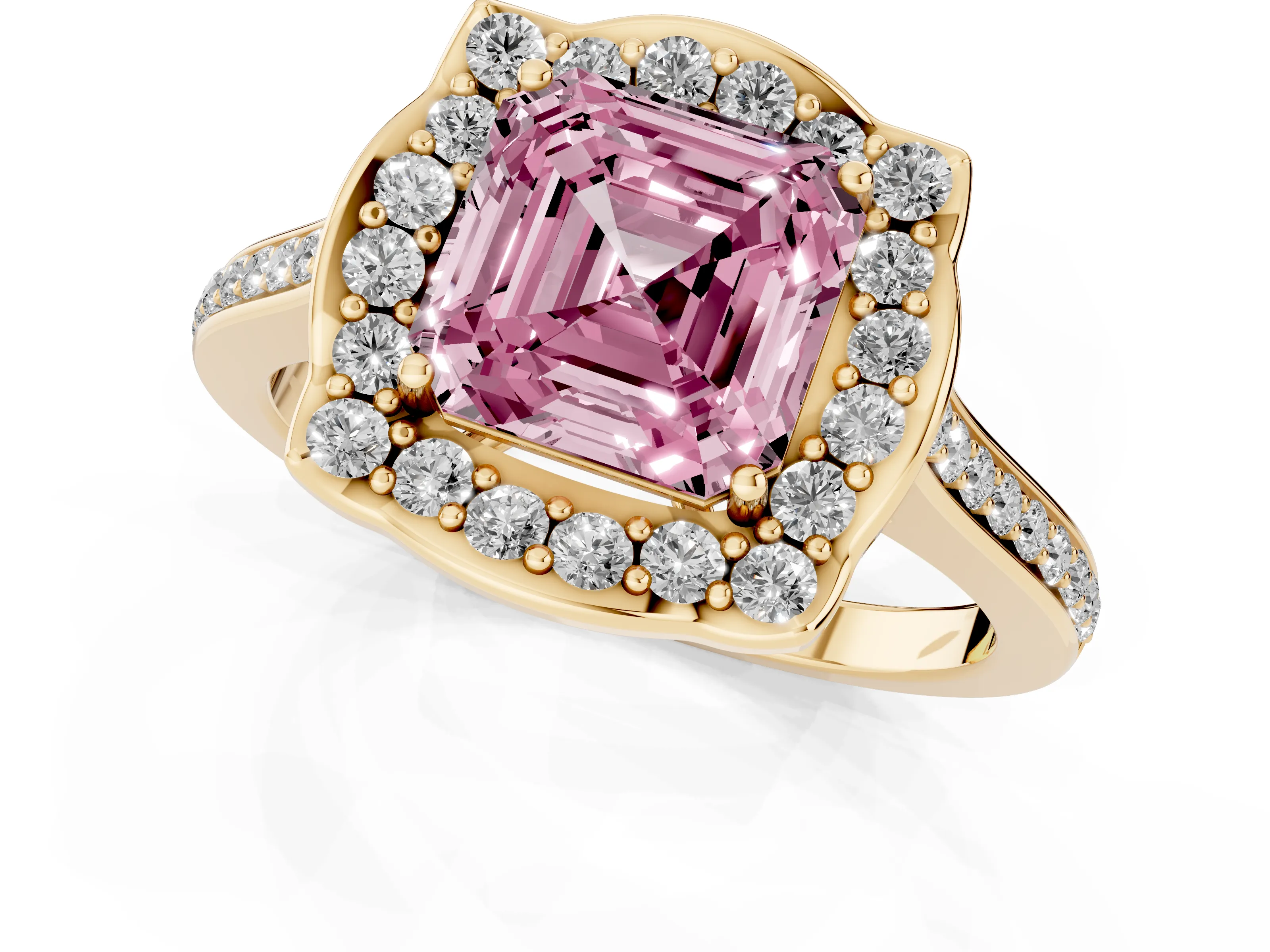 Fancy Pink Asscher Cut Diamond Halo Ring Set in Yellow gold with Pavé-Lined Shoulders and Prong Setting
