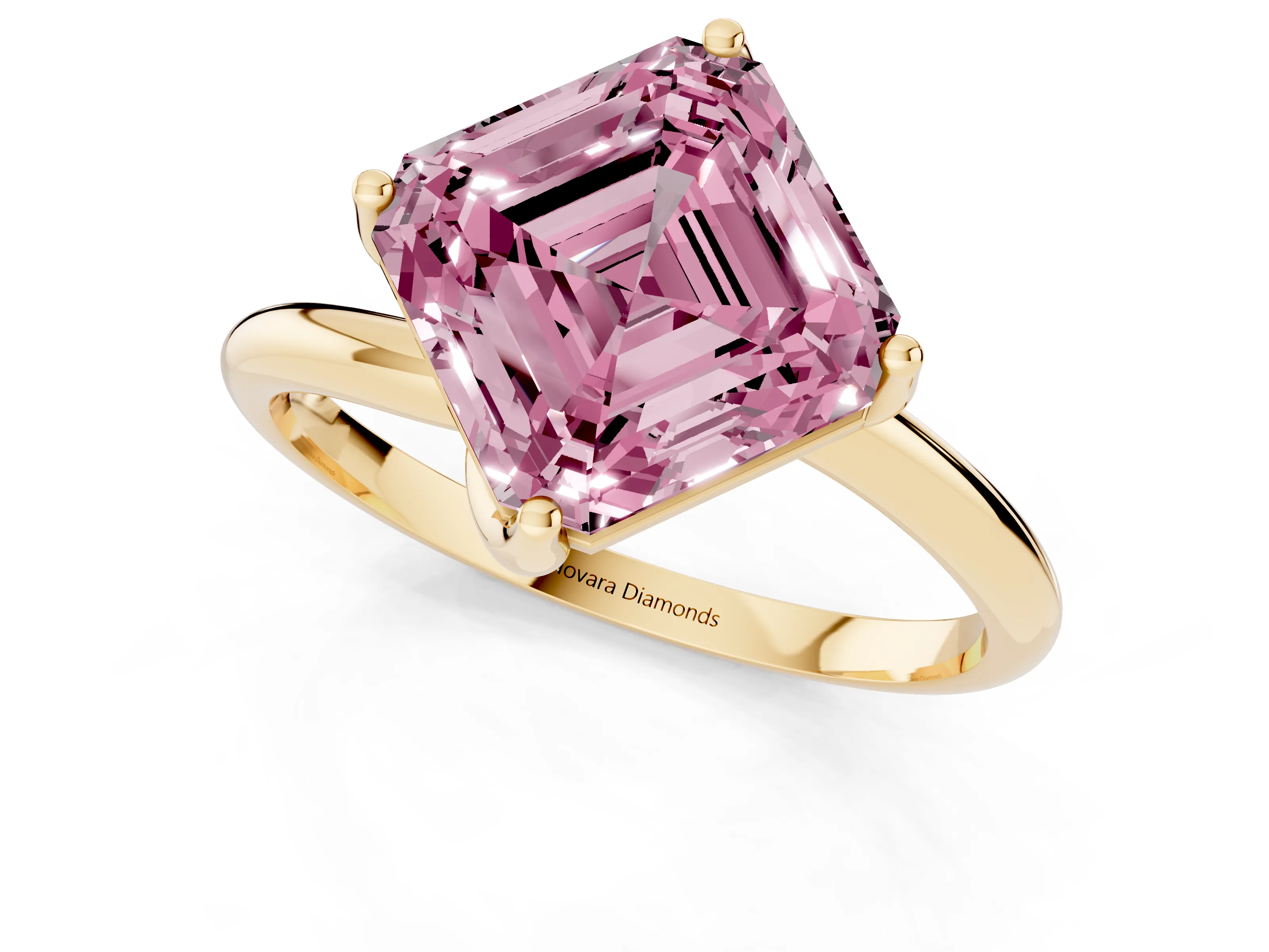 Fancy Pink Asscher Cut Diamond Solitaire Engagement Ring Set in Yellow gold with Classic Plain Band – second view