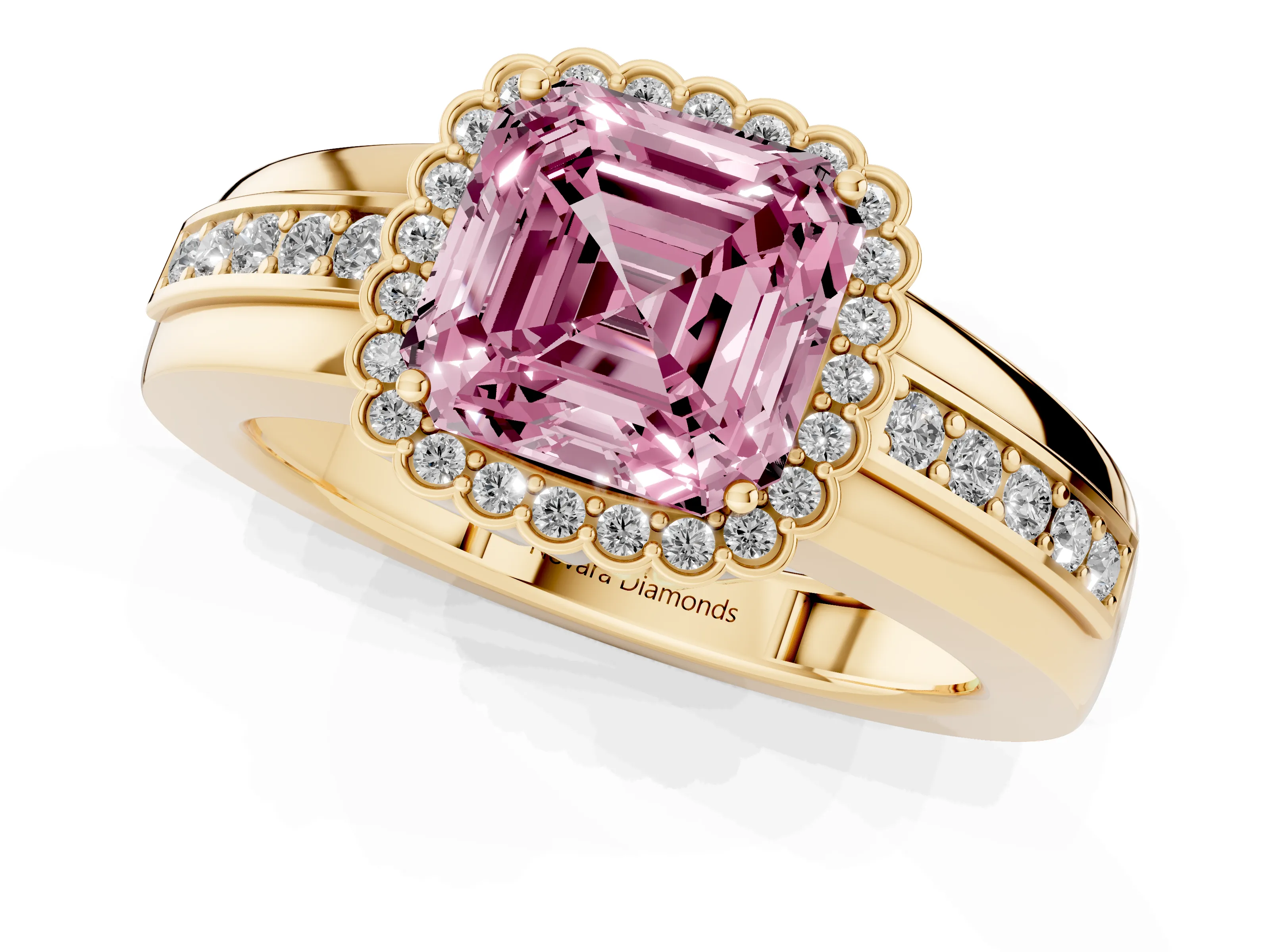 Fancy Pink Asscher Cut Diamond Halo Prong Ring Set in Yellow gold with Pavé Band