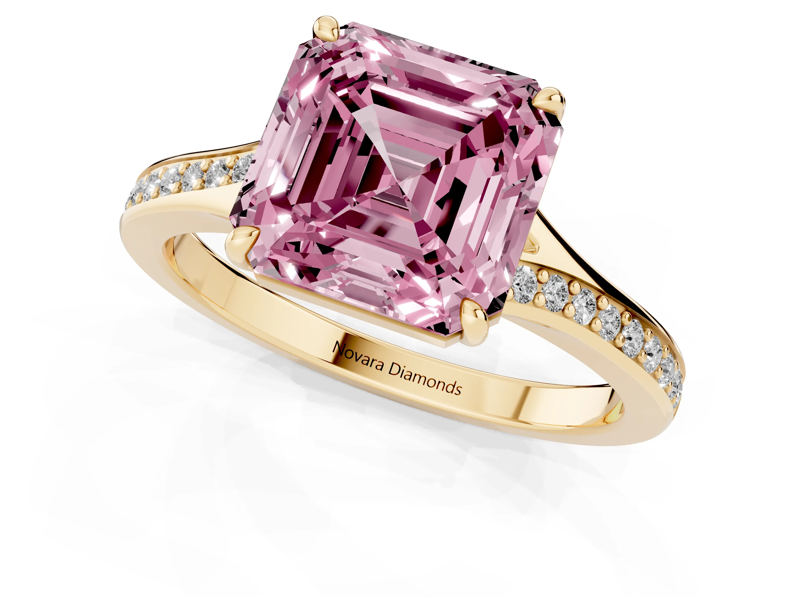 Fancy Pink Asscher Cut Diamond Solitaire Ring Set in Yellow gold with Pavé Accent Band and Classic Prong Setting