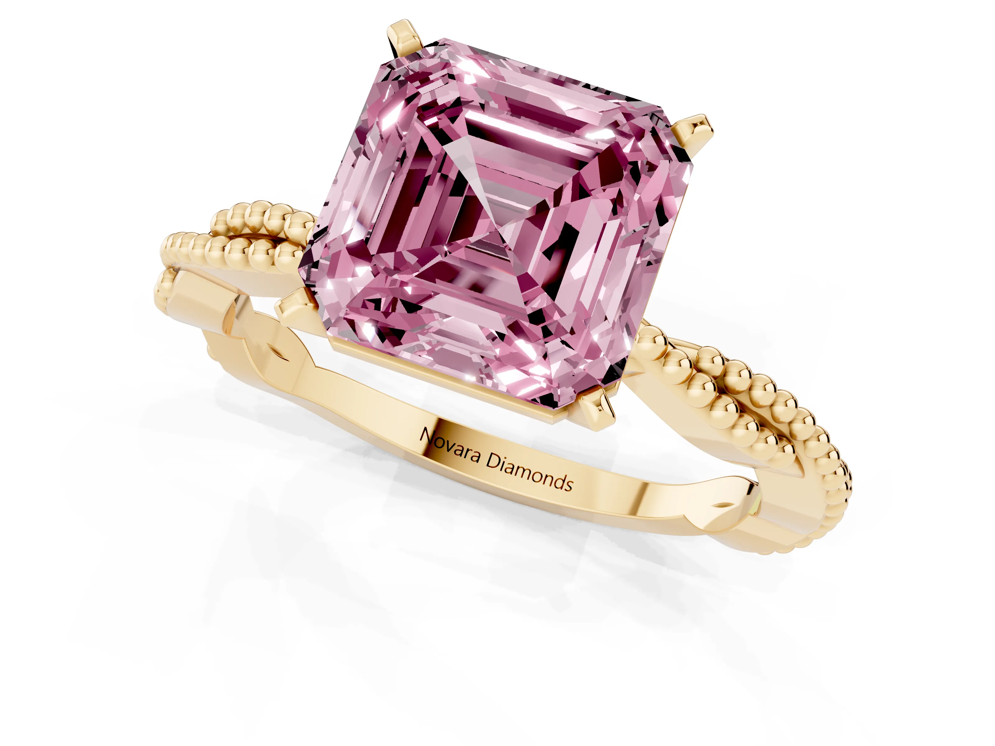 Fancy Pink Asscher Cut Diamond Solitaire Ring Set in Yellow gold with Twisted Band and Bead Prong Setting