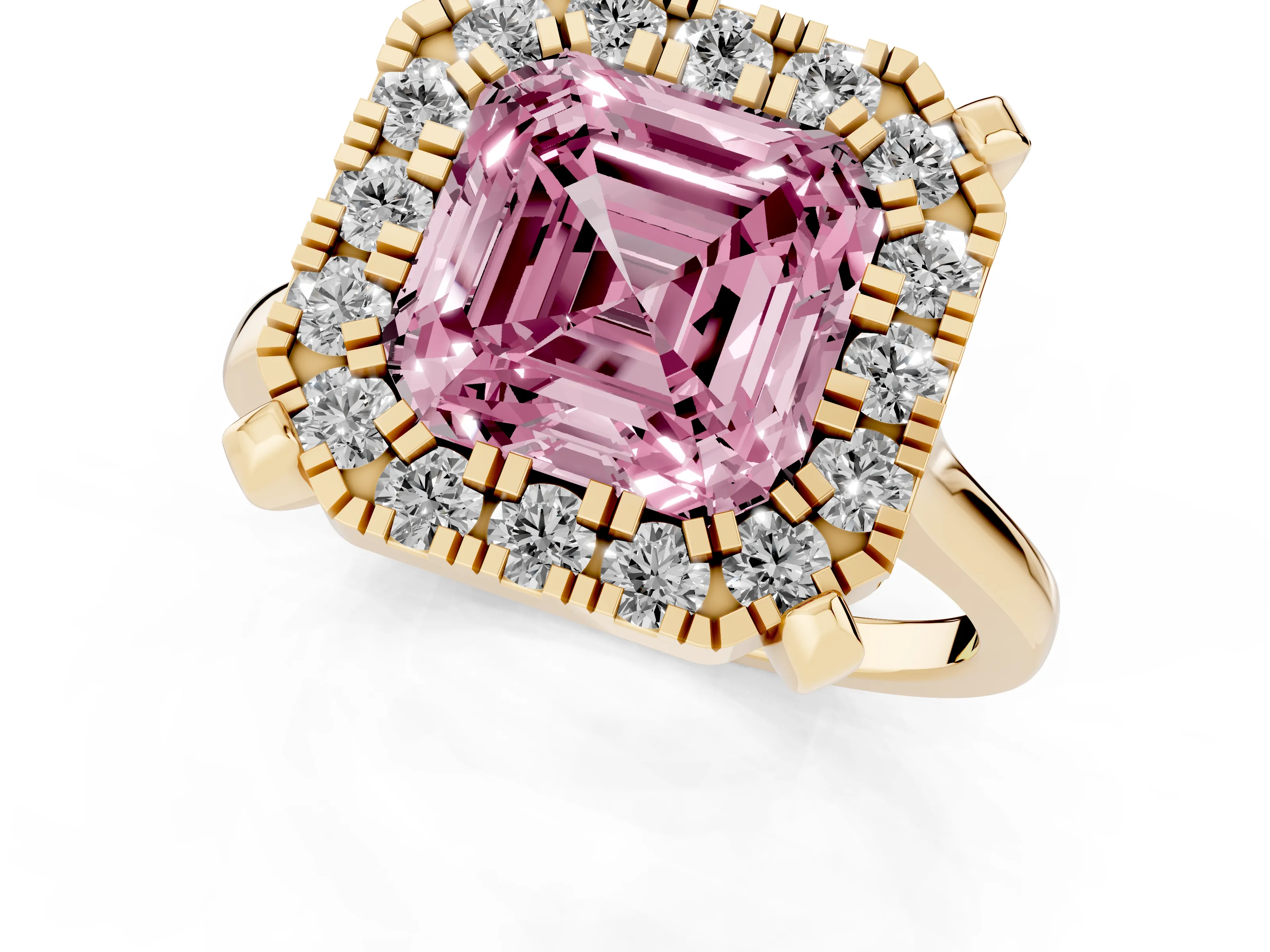 Fancy Pink Asscher Cut Diamond Cluster Halo Solitaire Ring Set in Yellow gold with Prong Setting
