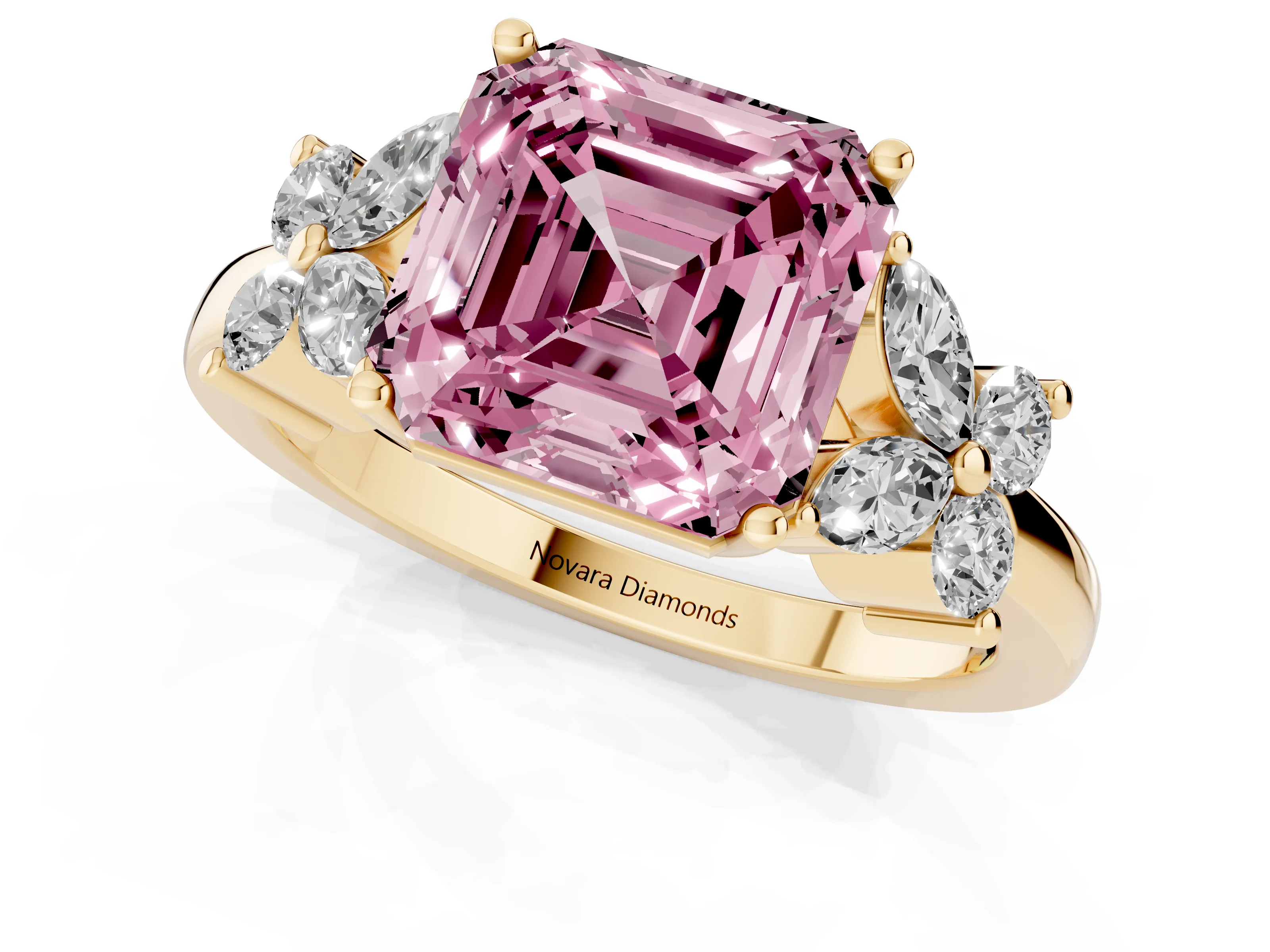 Fancy Pink Asscher Cut Diamond Floral Cluster Ring Set in Yellow gold with Marquise Petals and Prong Setting